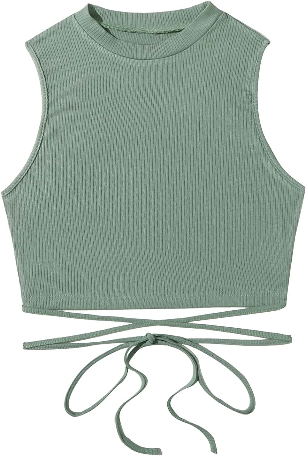 Shein Women'S Crisscross Tie Back Crop Top Sleeveless round Neck Tank Tops Mint Green / X-Large
