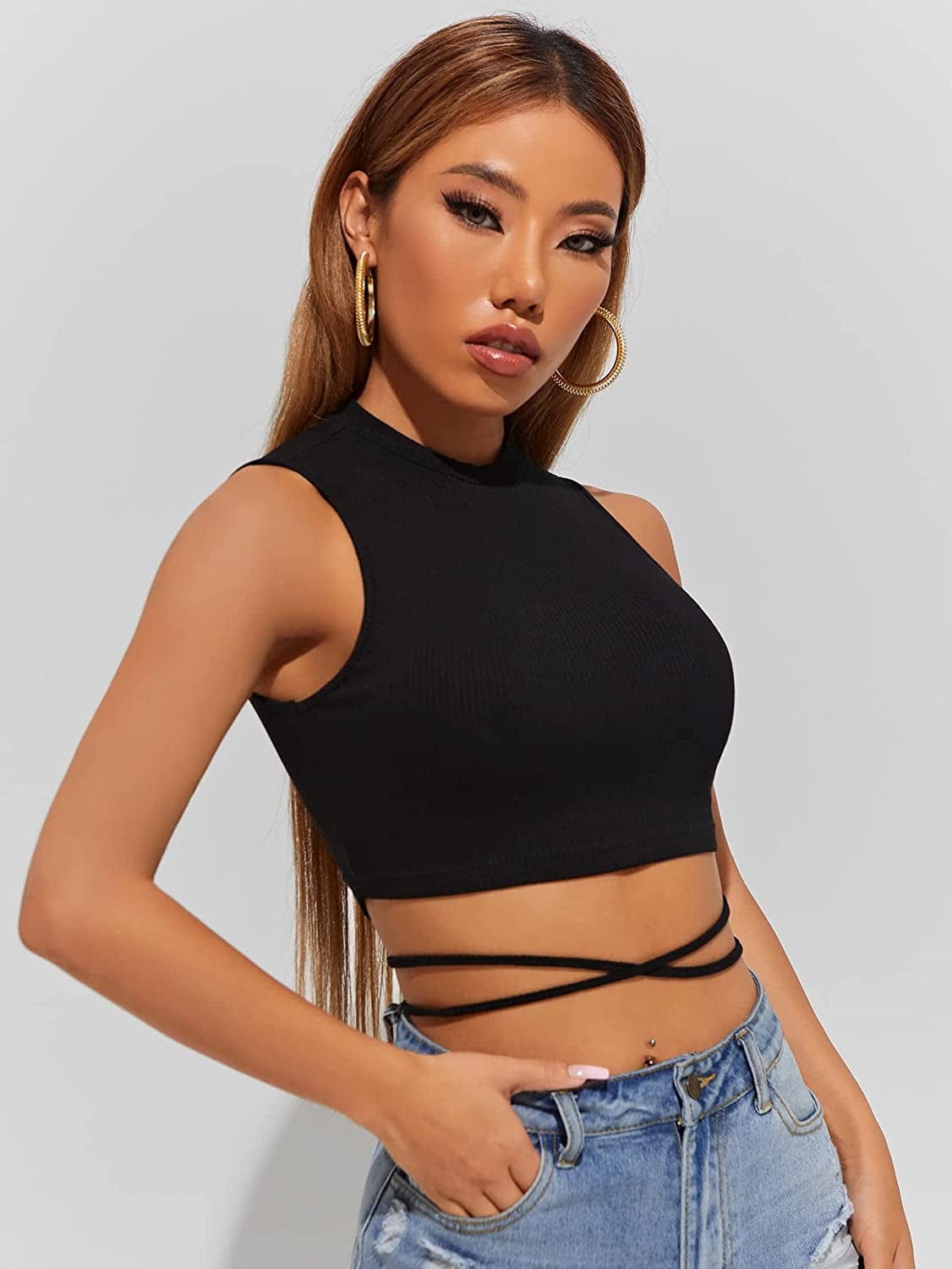 Shein Women'S Crisscross Tie Back Crop Top Sleeveless round Neck Tank Tops