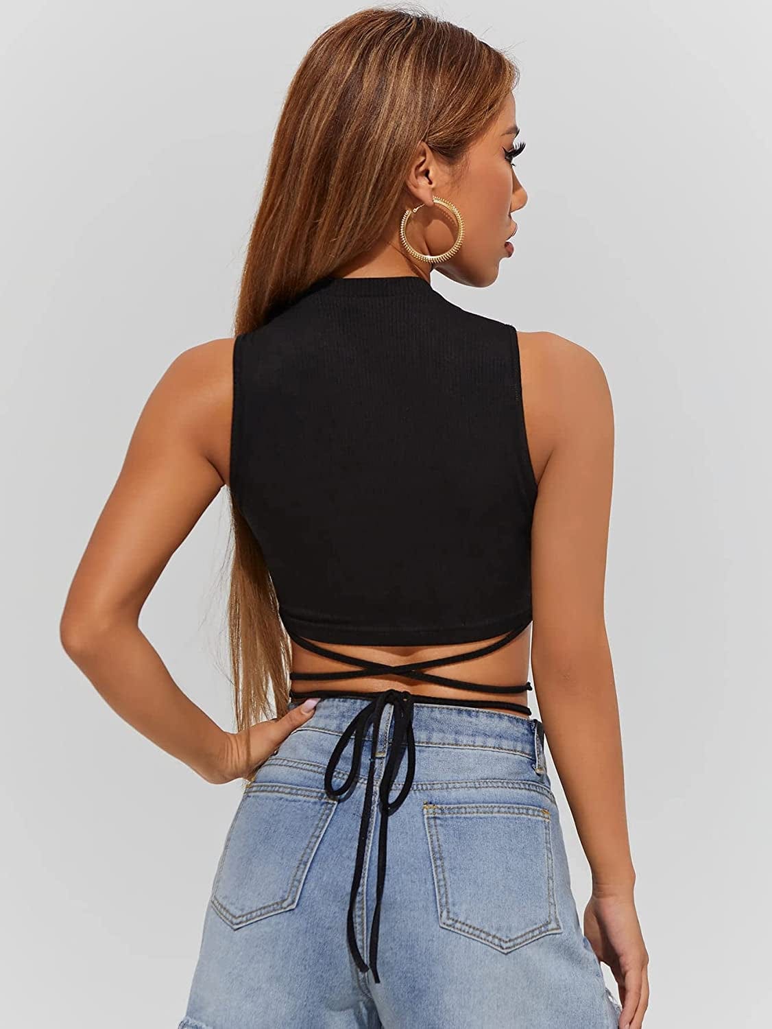 Shein Women'S Crisscross Tie Back Crop Top Sleeveless round Neck Tank Tops