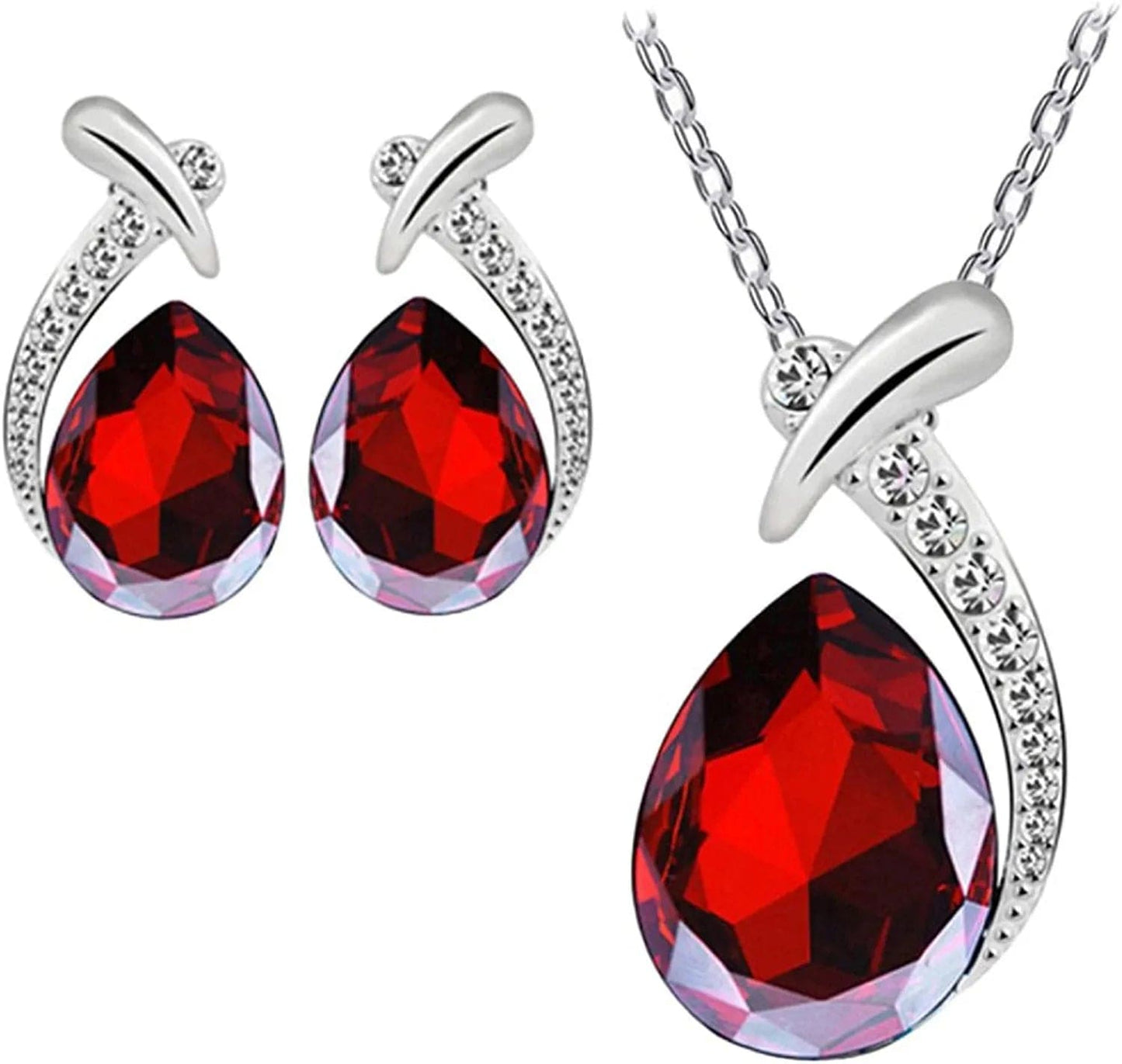 Shiny Fashion Crystal Rhinstone Teardrop Pendent Chain Necklace Stud Earrings Jewelry Set for Women Lady Wife Wedding Birthday Party Prom Gifts Red