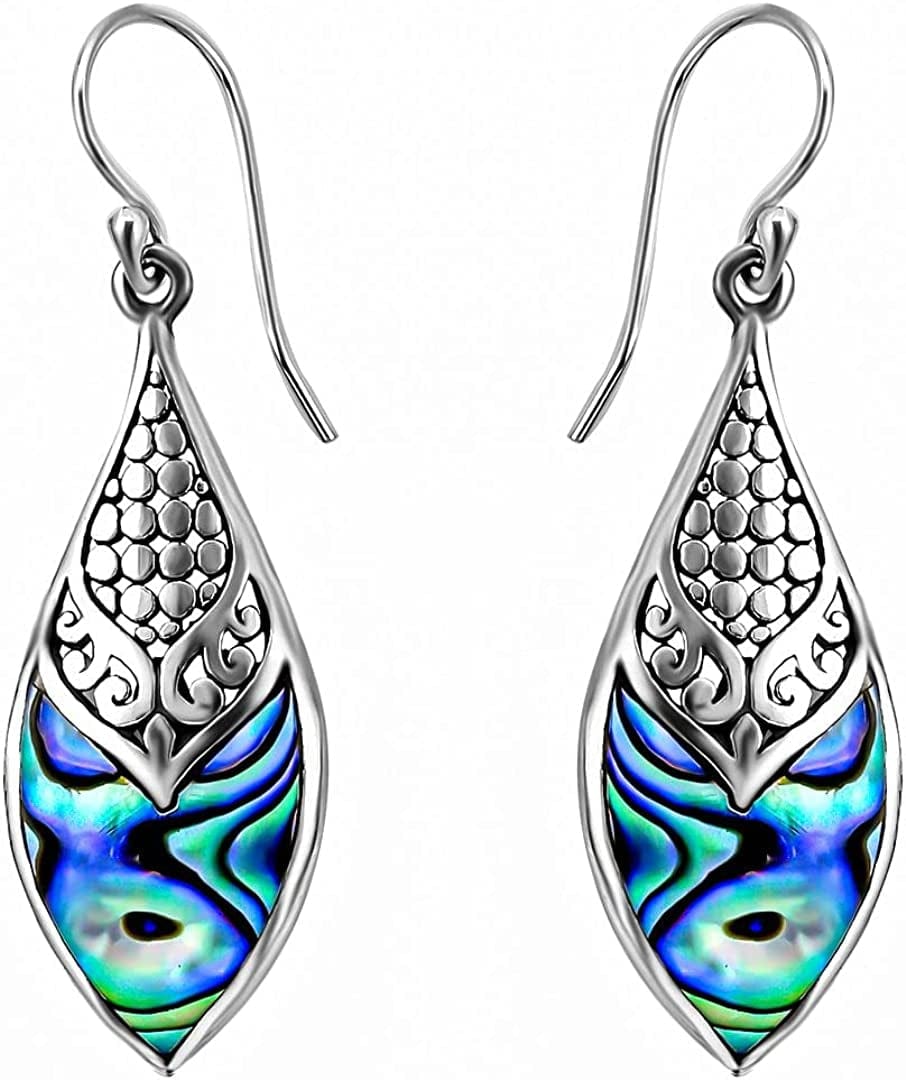 Shop LC Blue Abalone Shell Dangle Drop Earrings for Women 925 Sterling Silver Beach silver scrolls & flat beads
