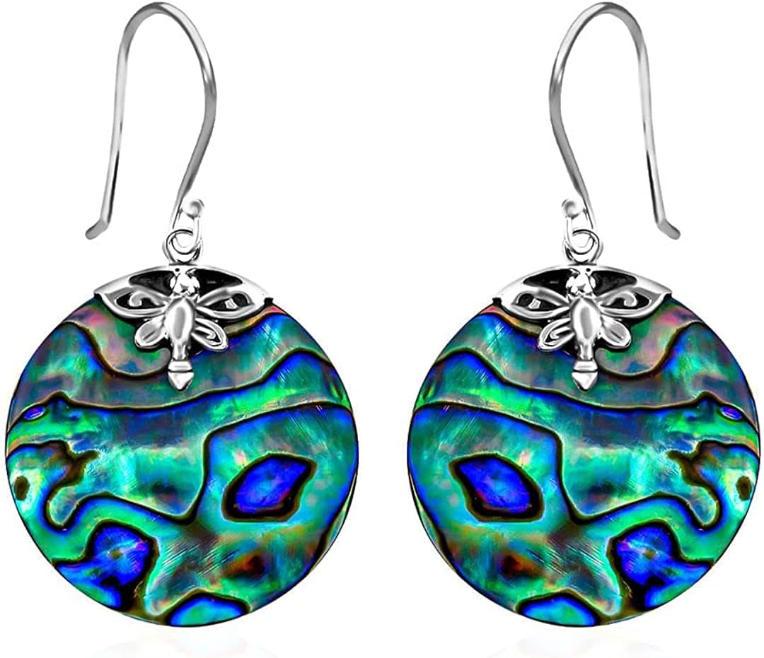 Shop LC Blue Abalone Shell Dangle Drop Earrings for Women 925 Sterling Silver Beach Dragonfly-Round