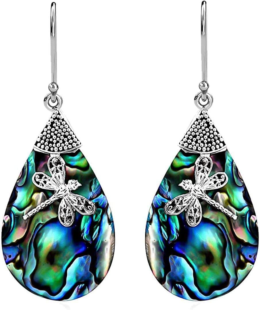 Shop LC Blue Abalone Shell Dangle Drop Earrings for Women 925 Sterling Silver Beach dragonfly motif