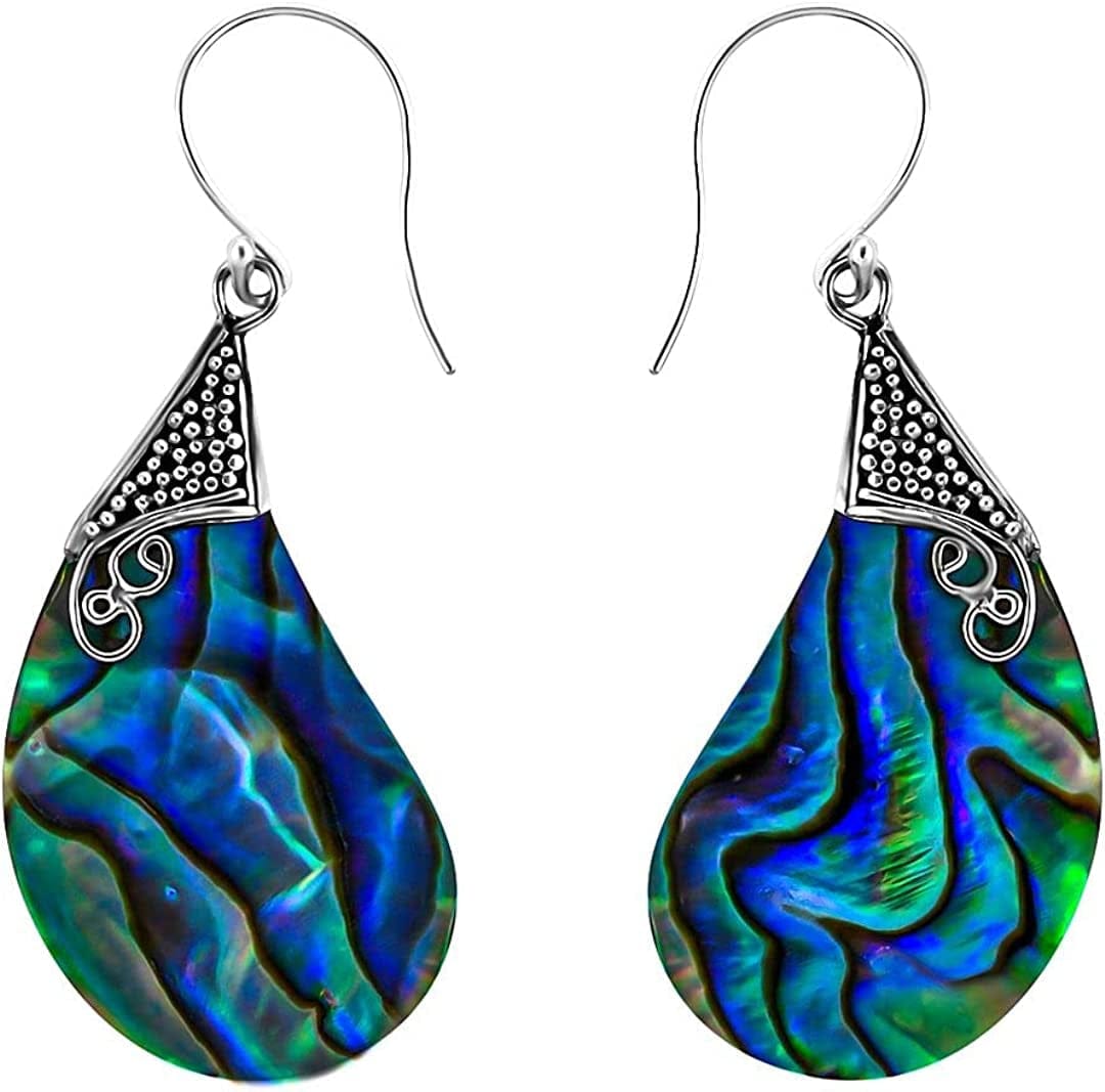Shop LC Blue Abalone Shell Dangle Drop Earrings for Women 925 Sterling Silver Beach milgrain & scrollwork