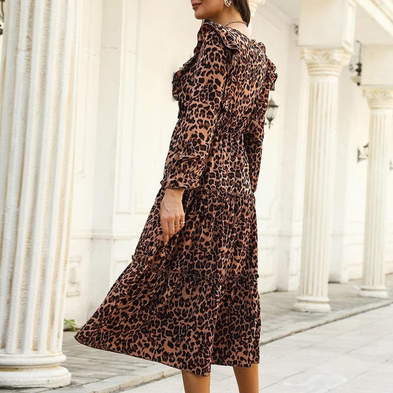 Sicilica Fall, Winter, Spring Boho-Style, Flowy Long Dress with a Leopard Print