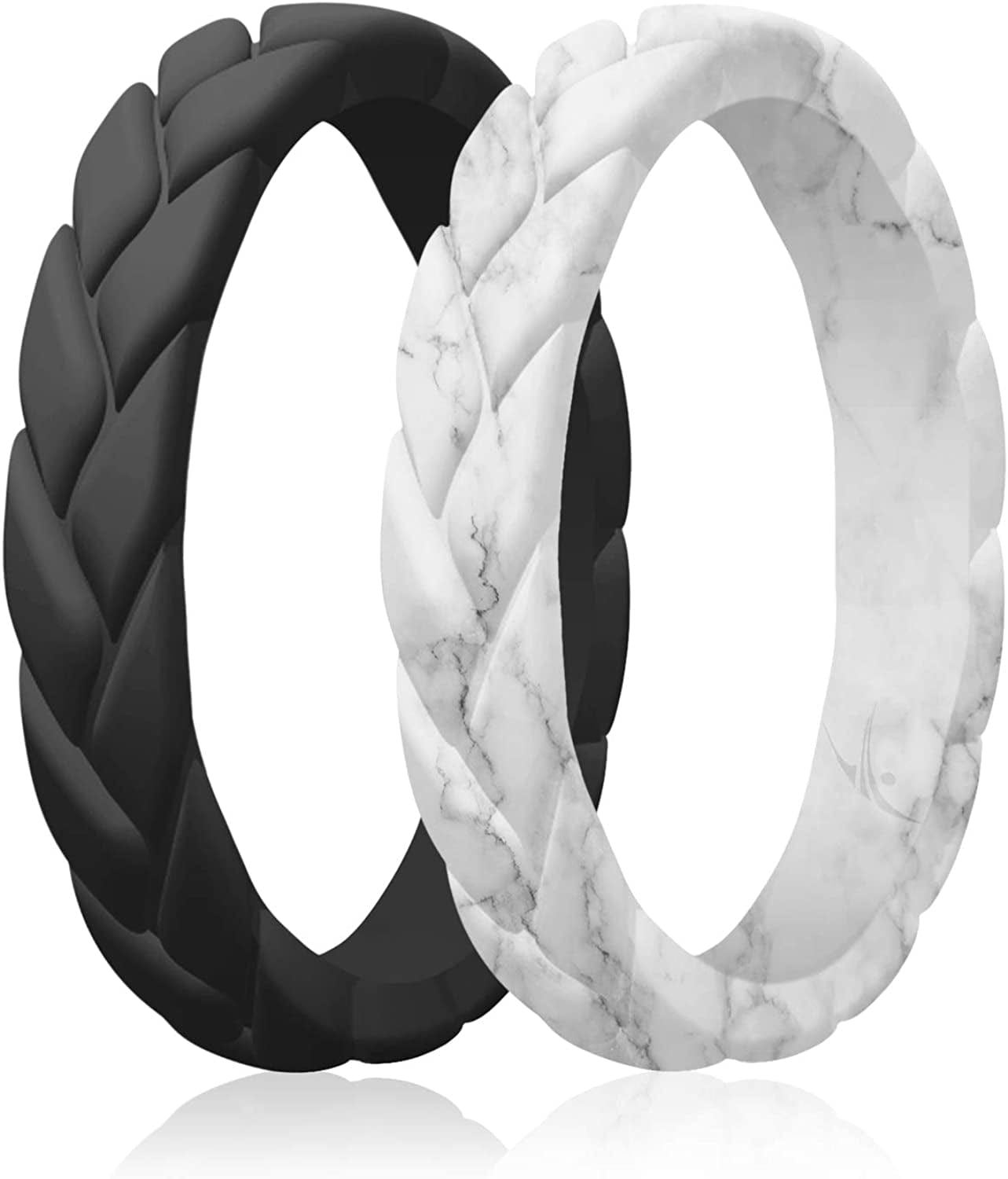 Silicone Rings for Women Thin Womens Silicone Rubber Wedding Rings Bands - Bridal Jewelry Set Promise Rings Anniversary Rings - Flame Leaves Collection - Can Be Used as Stackable Rings Black, Marble / 5 - 5.5 (15.7mm)