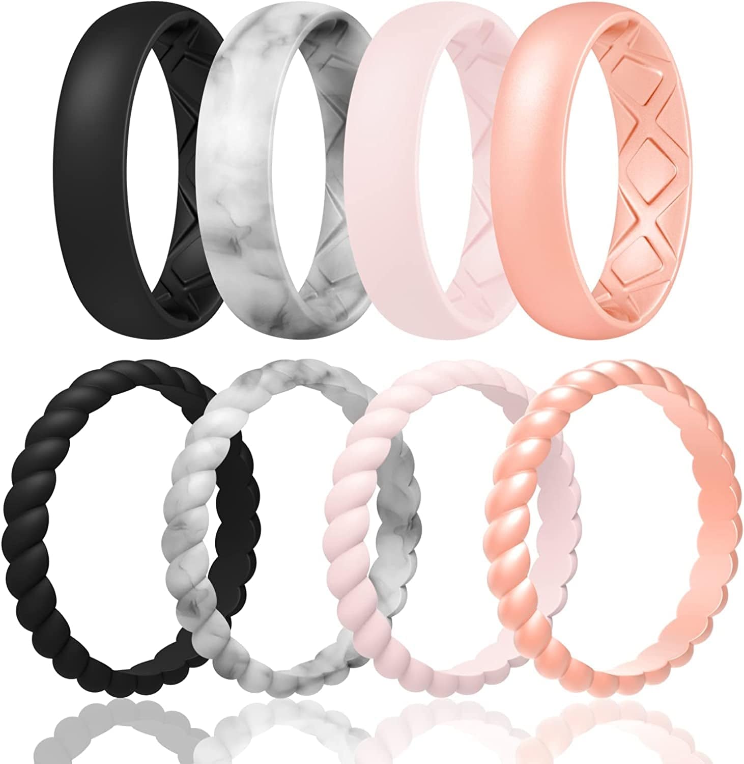 Silicone Wedding Bands Women, Inner Arc Ergonomic Breathable Design Silicone Rubber Wedding Bands Rubber Rings for Women SETA4-Black, Marble, Whitepink, Rose Gold / 10.5-11(20.6mm)