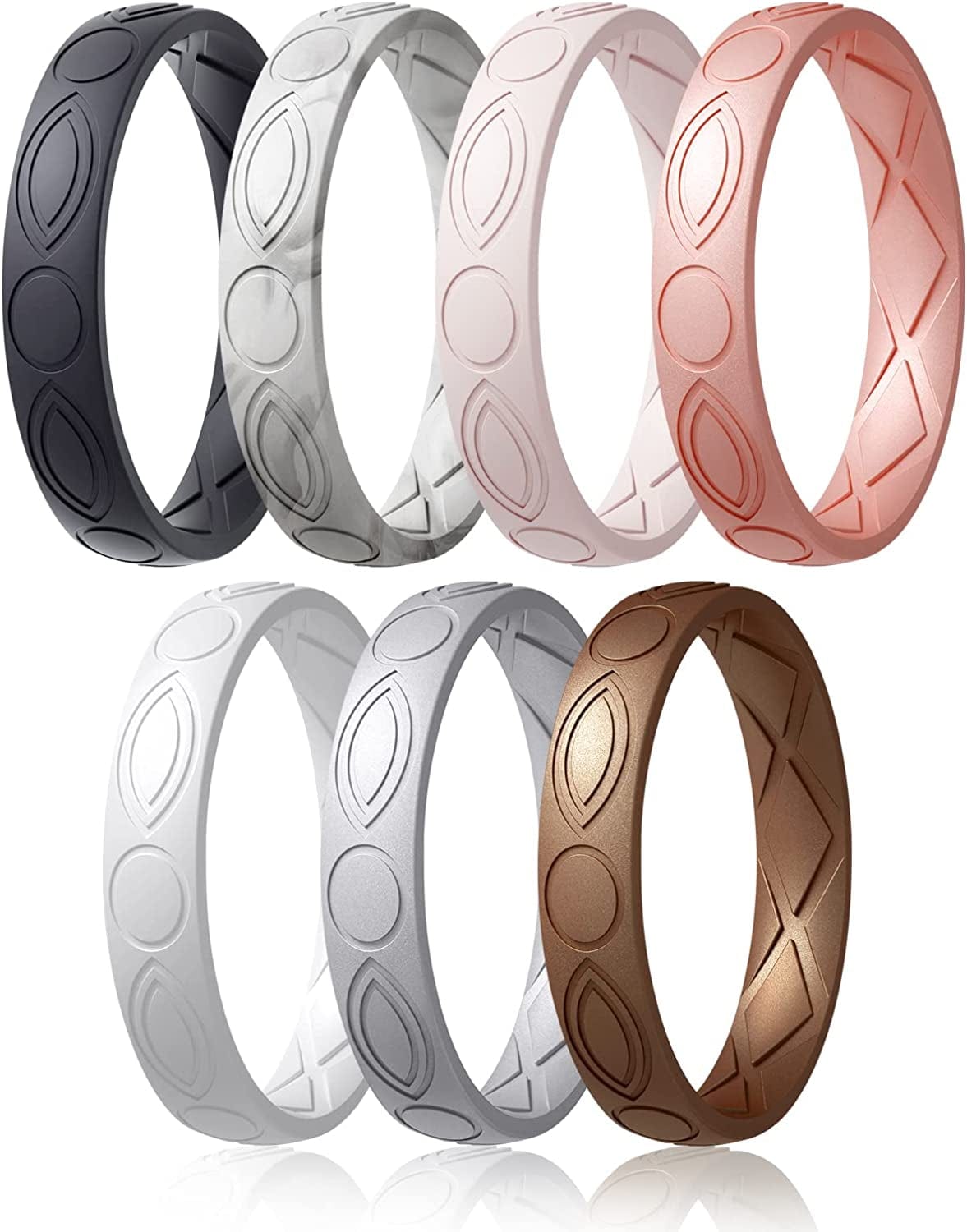 Silicone Wedding Bands Women, Inner Arc Ergonomic Breathable Design Silicone Rubber Wedding Bands Rubber Rings for Women SETC4-Black, Marble, Whitepink, Light Rose Gold, Pearl, Metallic Silver, Bronze / 5.5-6(16.5mm)