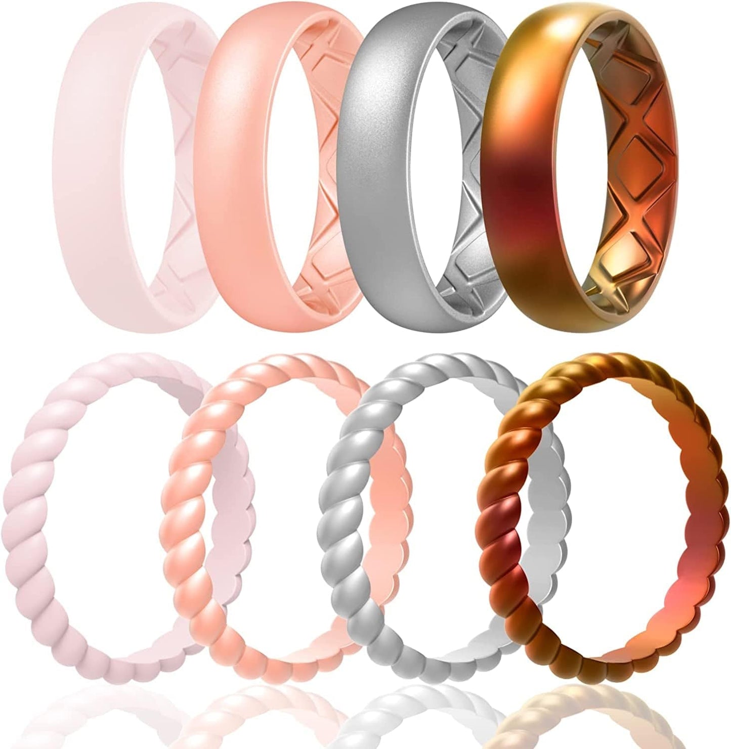 Silicone Wedding Bands Women, Inner Arc Ergonomic Breathable Design Silicone Rubber Wedding Bands Rubber Rings for Women SETA8-Bright Bronze, Metallic Silver, Light Rose Gold, Pink Sand / 8.5-9(18.9mm)
