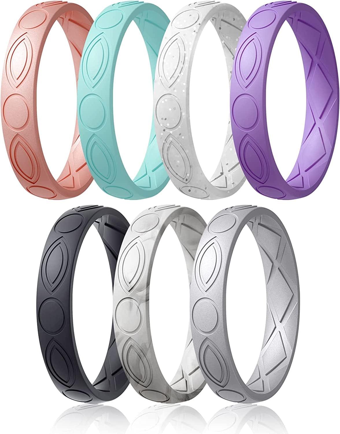 Silicone Wedding Bands Women, Inner Arc Ergonomic Breathable Design Silicone Rubber Wedding Bands Rubber Rings for Women SETC5-Light Rose Gold, Mint Green, White Silver Glitter, Ultra Violet, Black, Marble, Metallic Silver / 7.5-8(18.1mm)