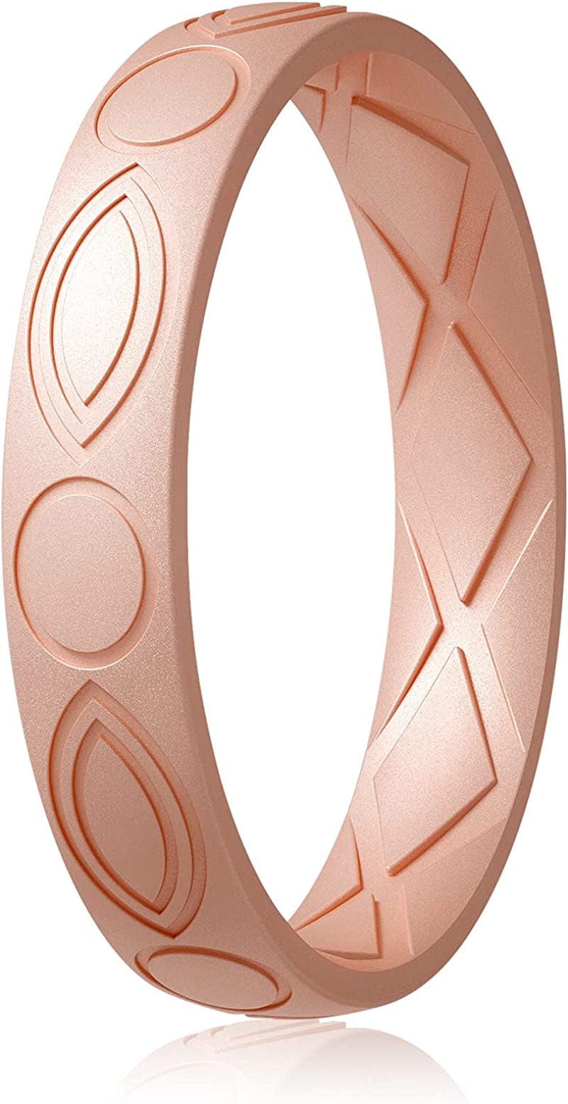 Silicone Wedding Bands Women, Inner Arc Ergonomic Breathable Design Silicone Rubber Wedding Bands Rubber Rings for Women SETC2-Rose Gold / 3.5-4(15.3mm)