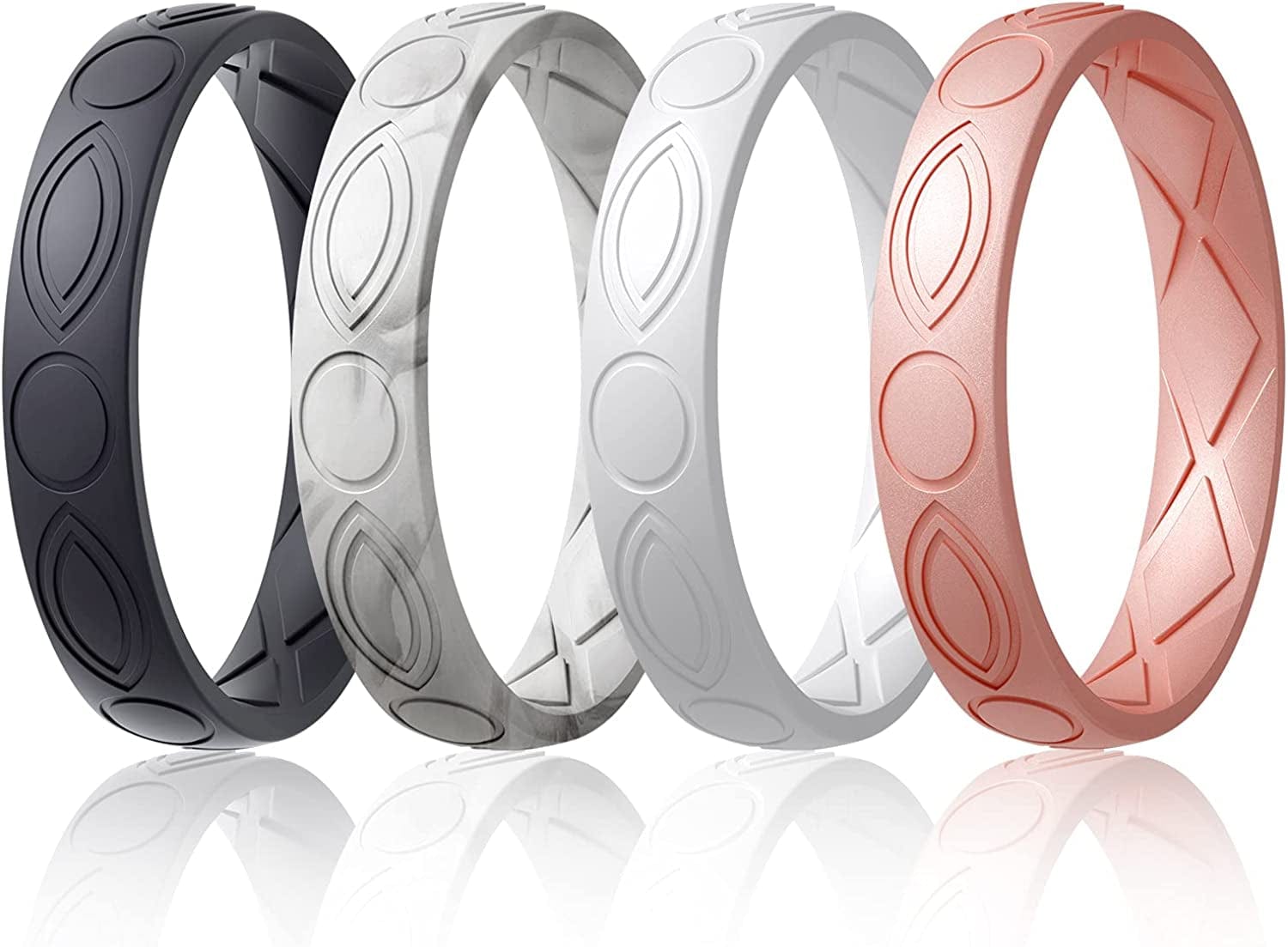 Silicone Wedding Bands Women, Inner Arc Ergonomic Breathable Design Silicone Rubber Wedding Bands Rubber Rings for Women SETC3-Black, Marble, Pearl, Light Rose Gold / 5.5-6(16.5mm)