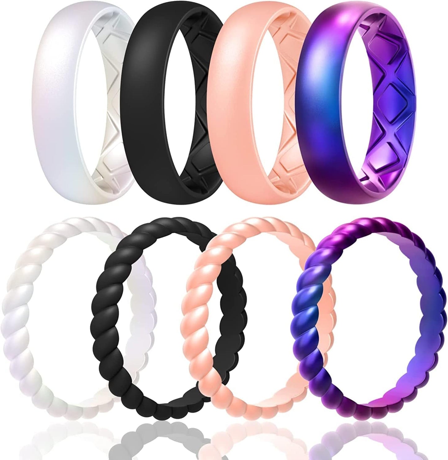 Silicone Wedding Bands Women, Inner Arc Ergonomic Breathable Design Silicone Rubber Wedding Bands Rubber Rings for Women SETB2-Black, Light Rose Gold, Galaxy, Pearl / 7.5-8(18.1mm)