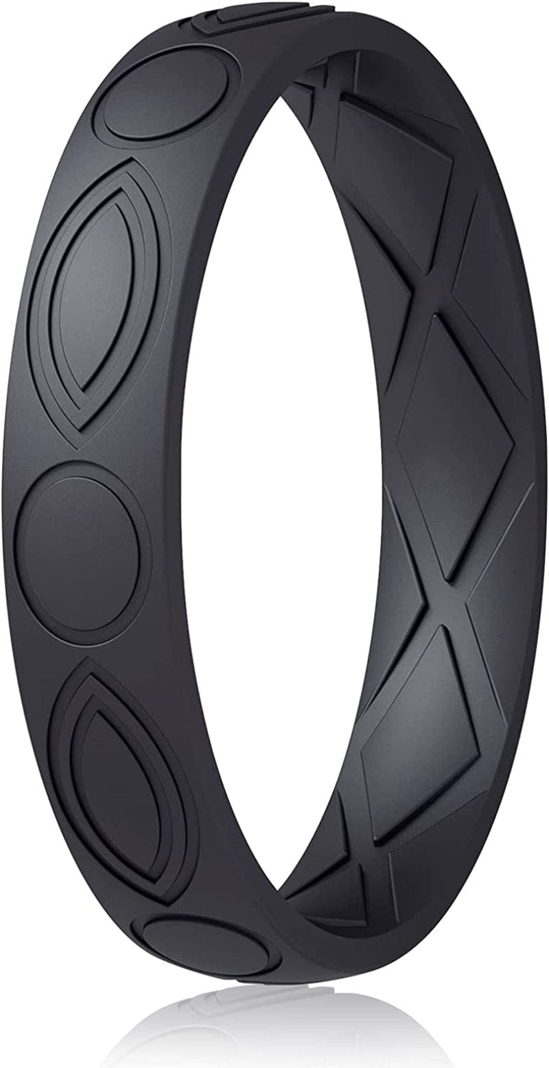 Silicone Wedding Bands Women, Inner Arc Ergonomic Breathable Design Silicone Rubber Wedding Bands Rubber Rings for Women SETC1-Black / 8.5-9(18.9mm)