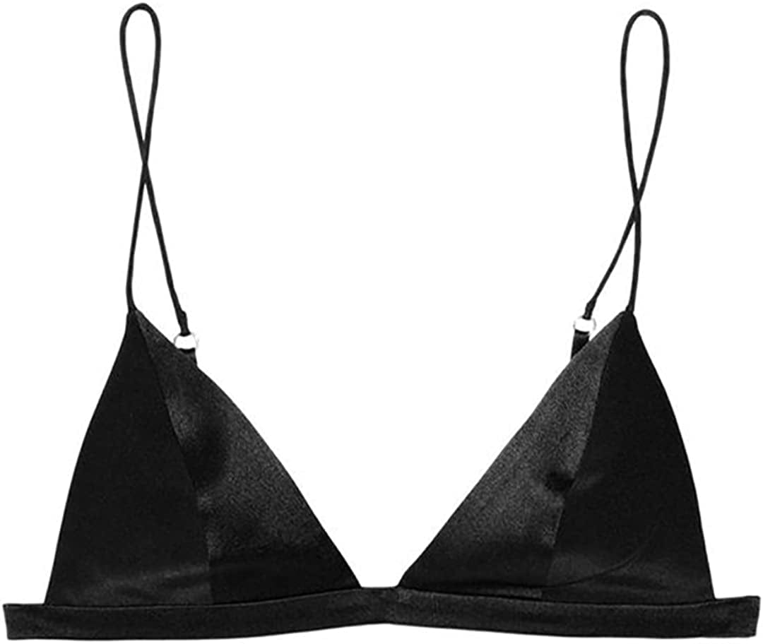 Silriver Women'S Silk Satin Triangle Bralette Soft Cup Wireless Bra Smooth and Comfortable Wire Free Bra Top Black / X-Large