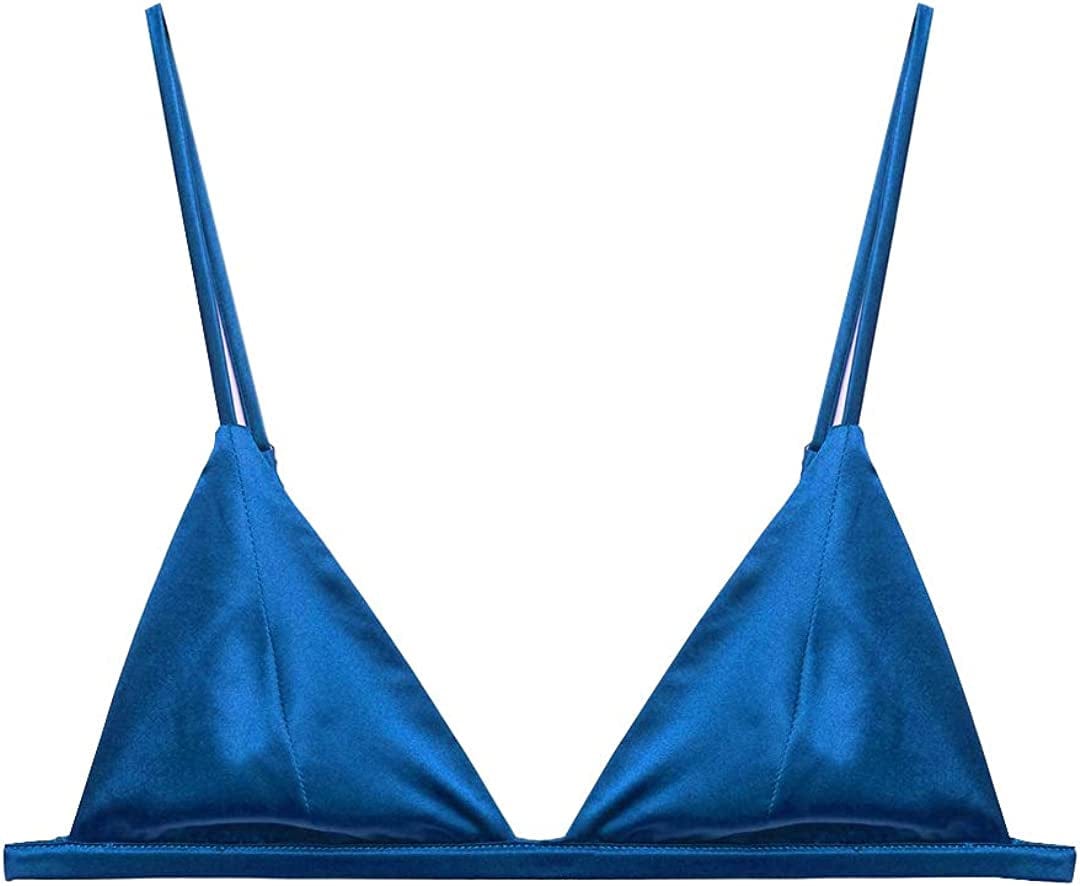 Silriver Women'S Silk Satin Triangle Bralette Soft Cup Wireless Bra Smooth and Comfortable Wire Free Bra Top Turkish Blue / Small
