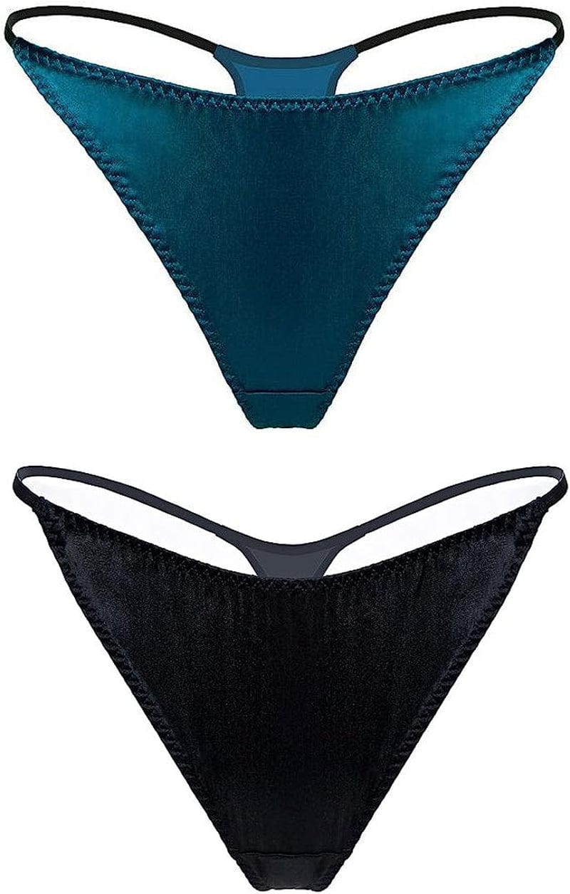 Silriver Womens Silk Satin Panties Thong Sexy G String Thongs T Back Satin Bikini Underwear S-XL Black - Turkish Blue / Small