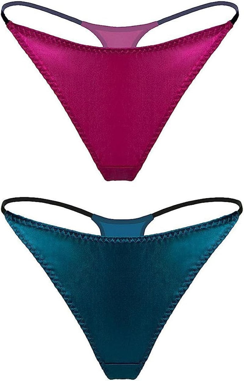 Silriver Womens Silk Satin Panties Thong Sexy G String Thongs T Back Satin Bikini Underwear S-XL Rose Violet - Turkish Blue / Small