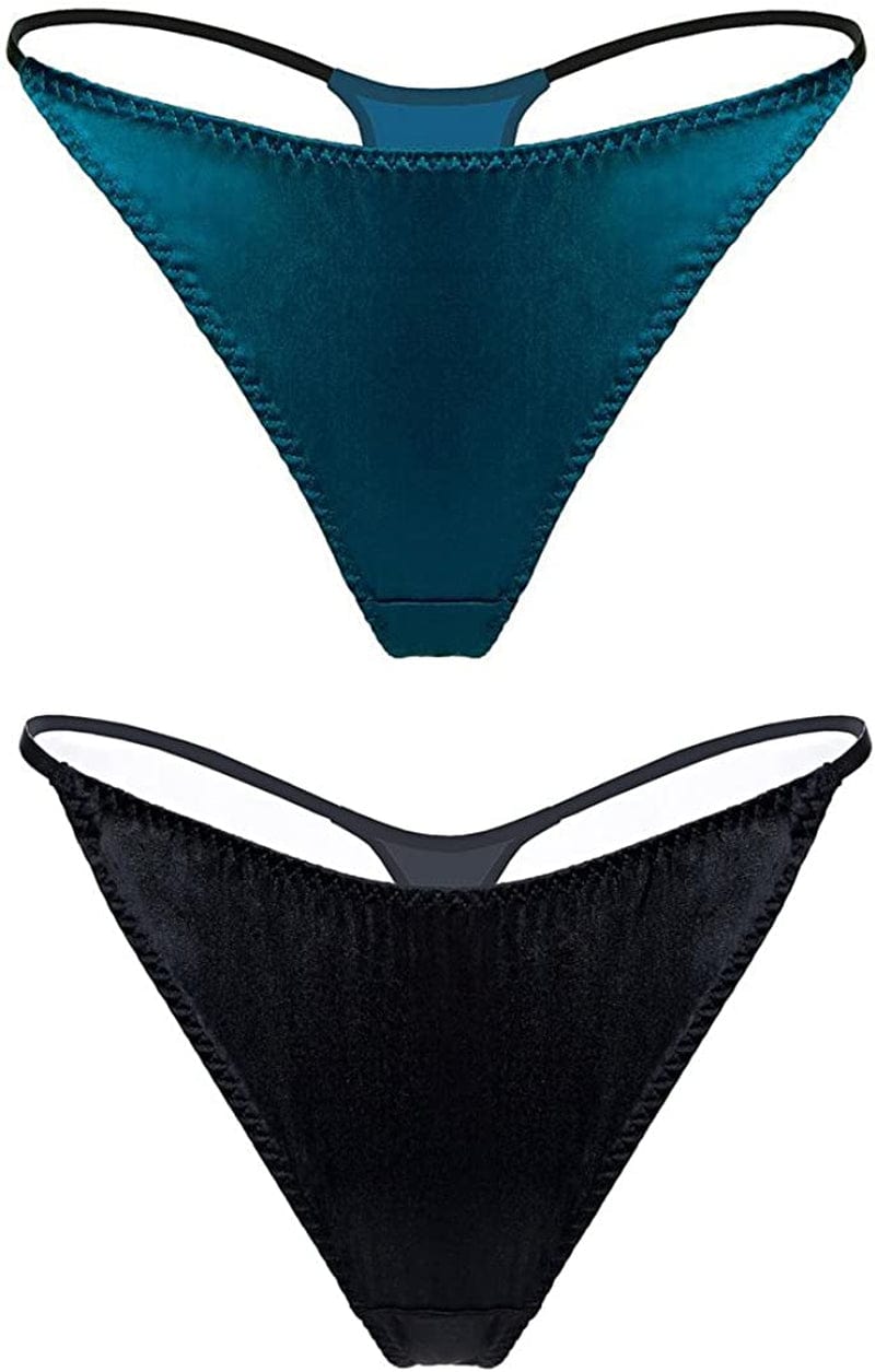 Silriver Womens Silk Satin Panties Thong Sexy G String Thongs T Back Satin Bikini Underwear S-XL Black - Turkish Blue / X-Large