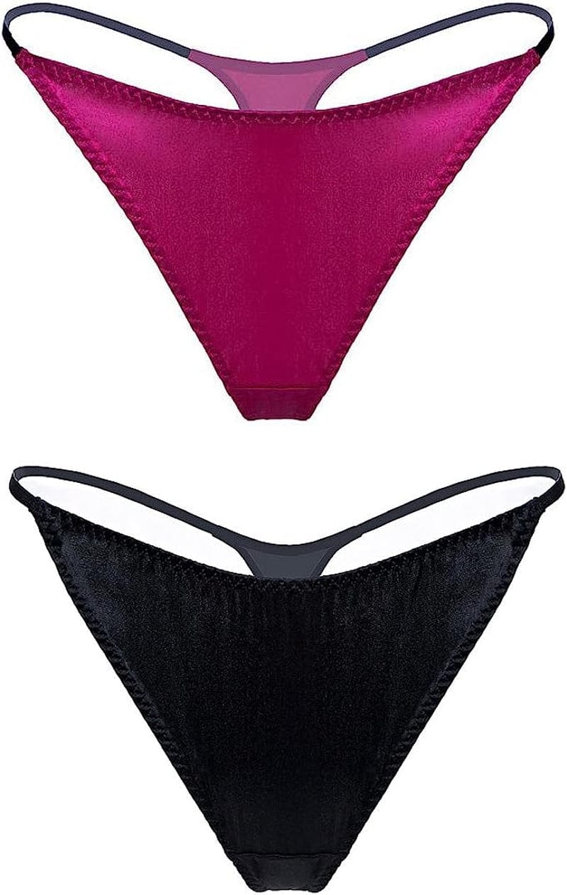 Silriver Womens Silk Satin Panties Thong Sexy G String Thongs T Back Satin Bikini Underwear S-XL Black - Rose Violet / Large