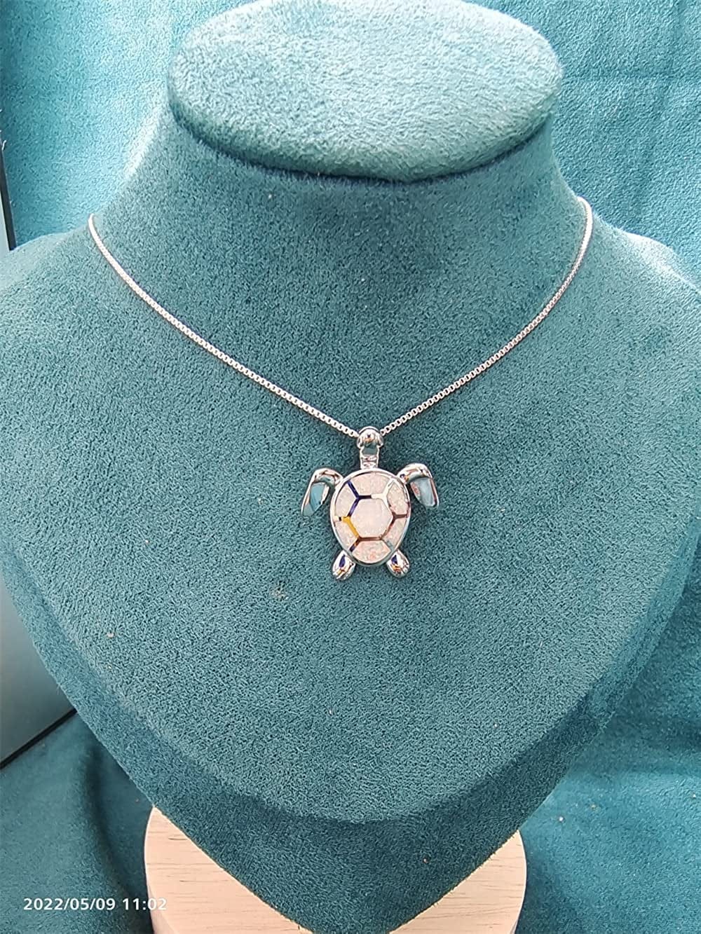 Silver Angel Sea Turtle Necklace for Women Animal Pendant Necklace Australian Created Opal Birthday for Women White