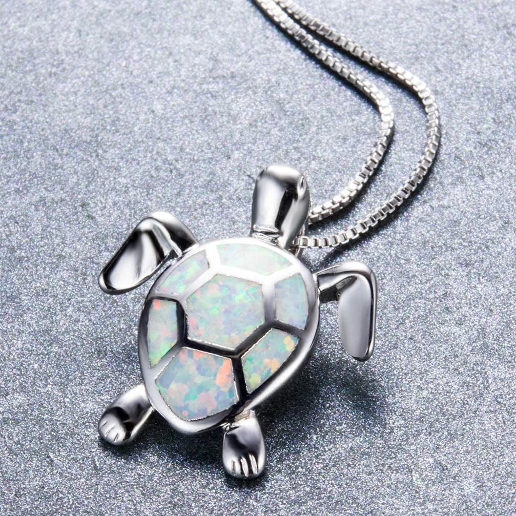 Silver Angel Sea Turtle Necklace for Women Animal Pendant Necklace Australian Created Opal Birthday for Women White