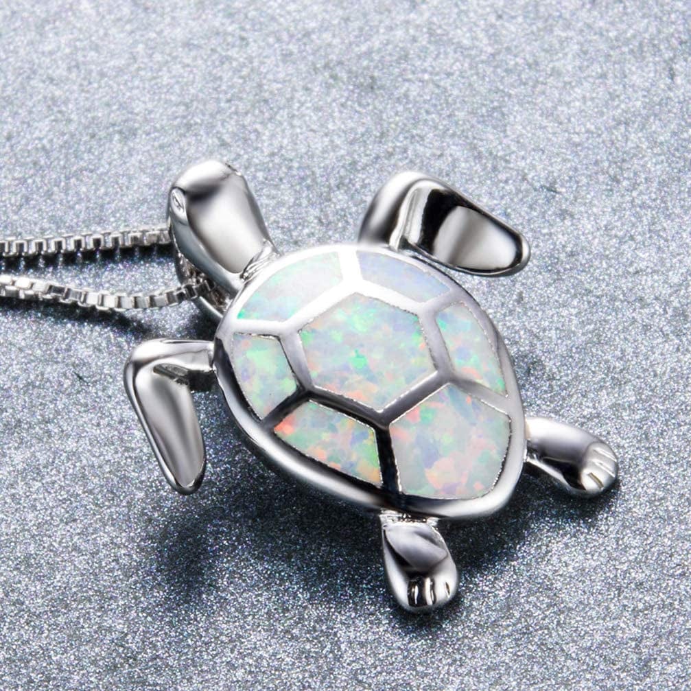Silver Angel Sea Turtle Necklace for Women Animal Pendant Necklace Australian Created Opal Birthday for Women White