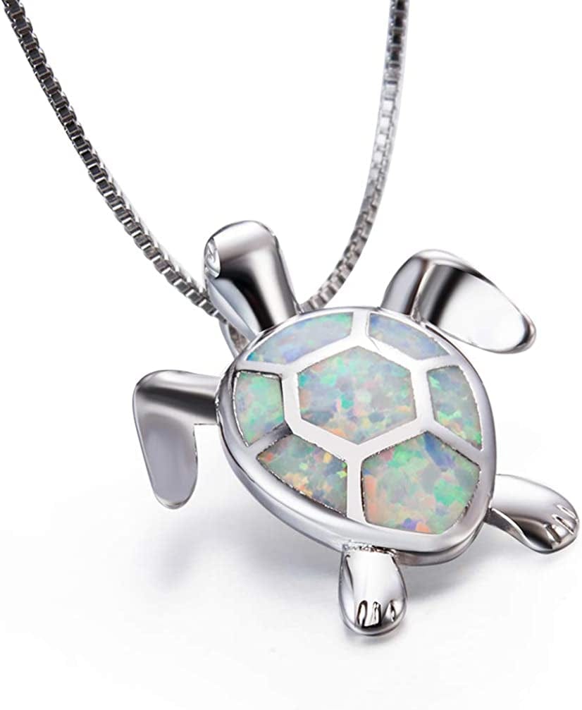 Silver Angel Sea Turtle Necklace for Women Animal Pendant Necklace Australian Created Opal Birthday for Women White