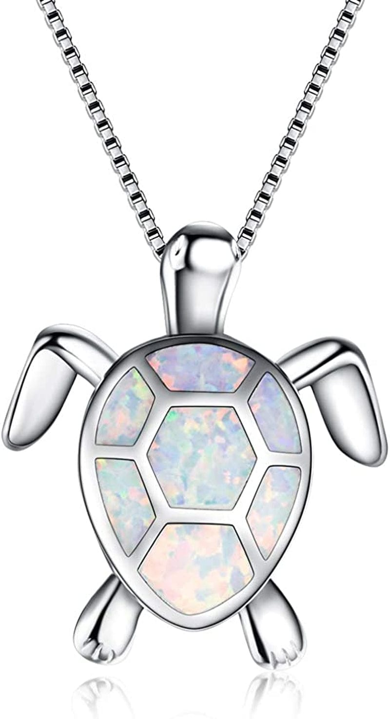 Silver Angel Sea Turtle Necklace for Women Animal Pendant Necklace Australian Created Opal Birthday for Women White