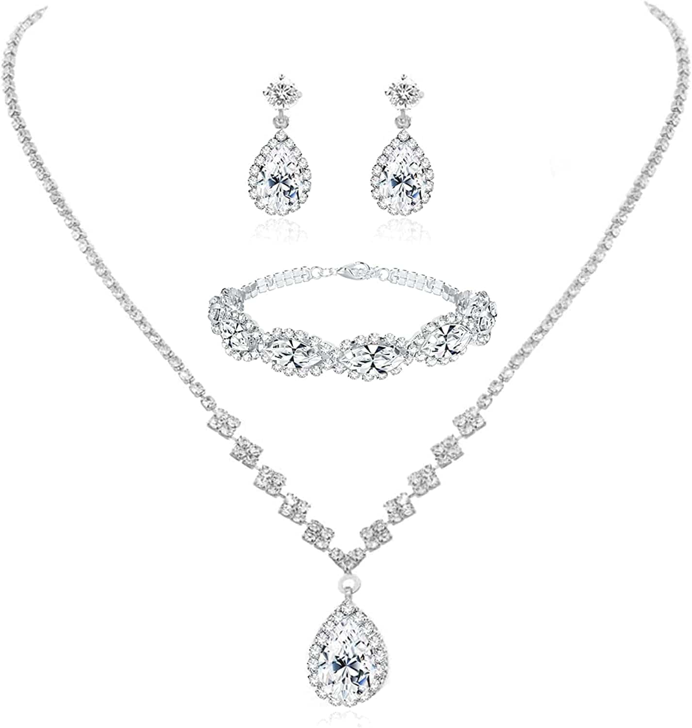 Silver Bridal Jewelry Set Rhinestone Necklace Bracelet Dangle Earrings for Bride Bridesmaid Teardrop Pendant Crystal Wedding Prom Jewelry Accessories for Women Style-B