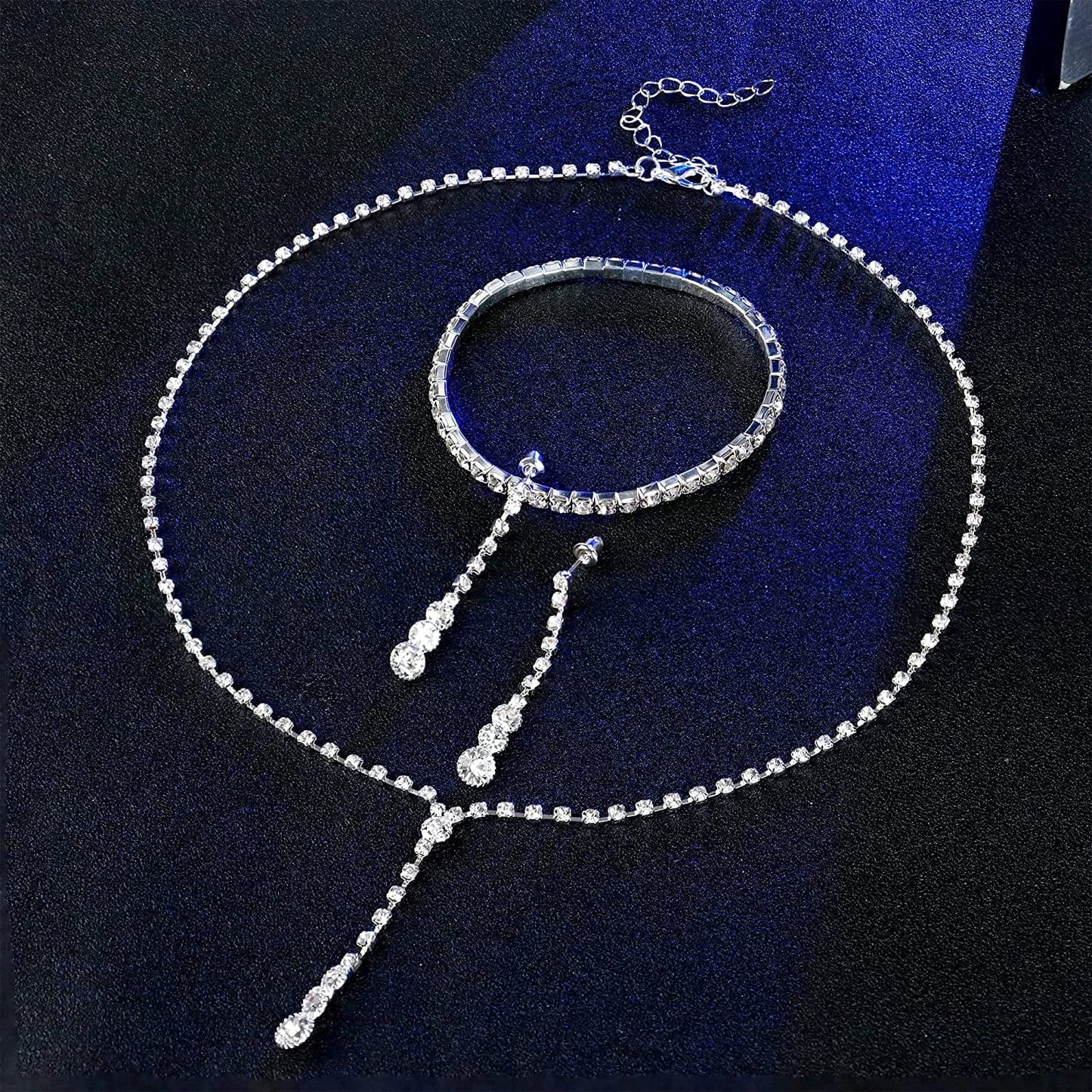 Silver Bridal Jewelry Set Rhinestone Necklace Bracelet Dangle Earrings for Bride Bridesmaid Teardrop Pendant Crystal Wedding Prom Jewelry Accessories for Women