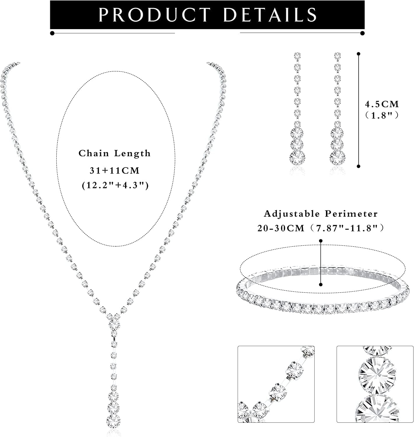 Silver Bridal Jewelry Set Rhinestone Necklace Bracelet Dangle Earrings for Bride Bridesmaid Teardrop Pendant Crystal Wedding Prom Jewelry Accessories for Women