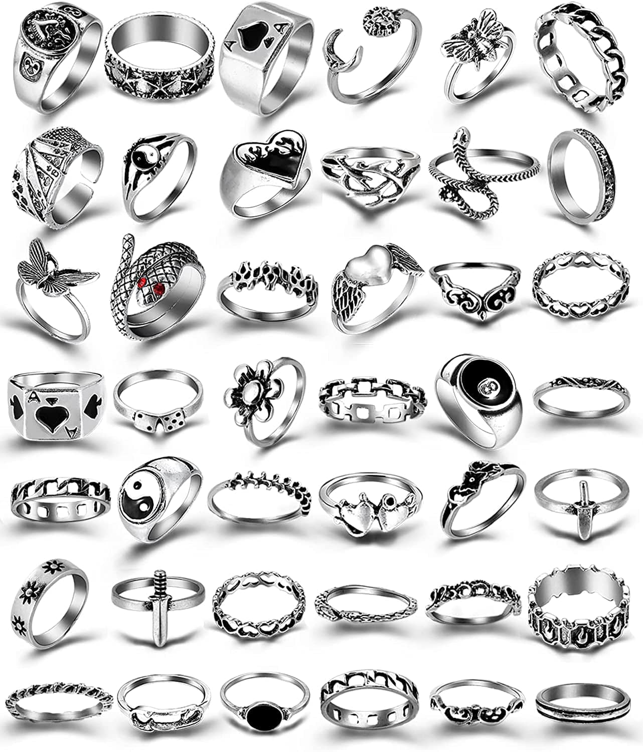 Silver Goth Punk Rings Set for Men Girls Women, 31PCS Cool Gothic Ring Pack, Vintage Stackable Rings Bulk, Boho Chunky Knuckle Emo Rings, Snake Eboy Y2K Accessories D-43pcs gothic rings