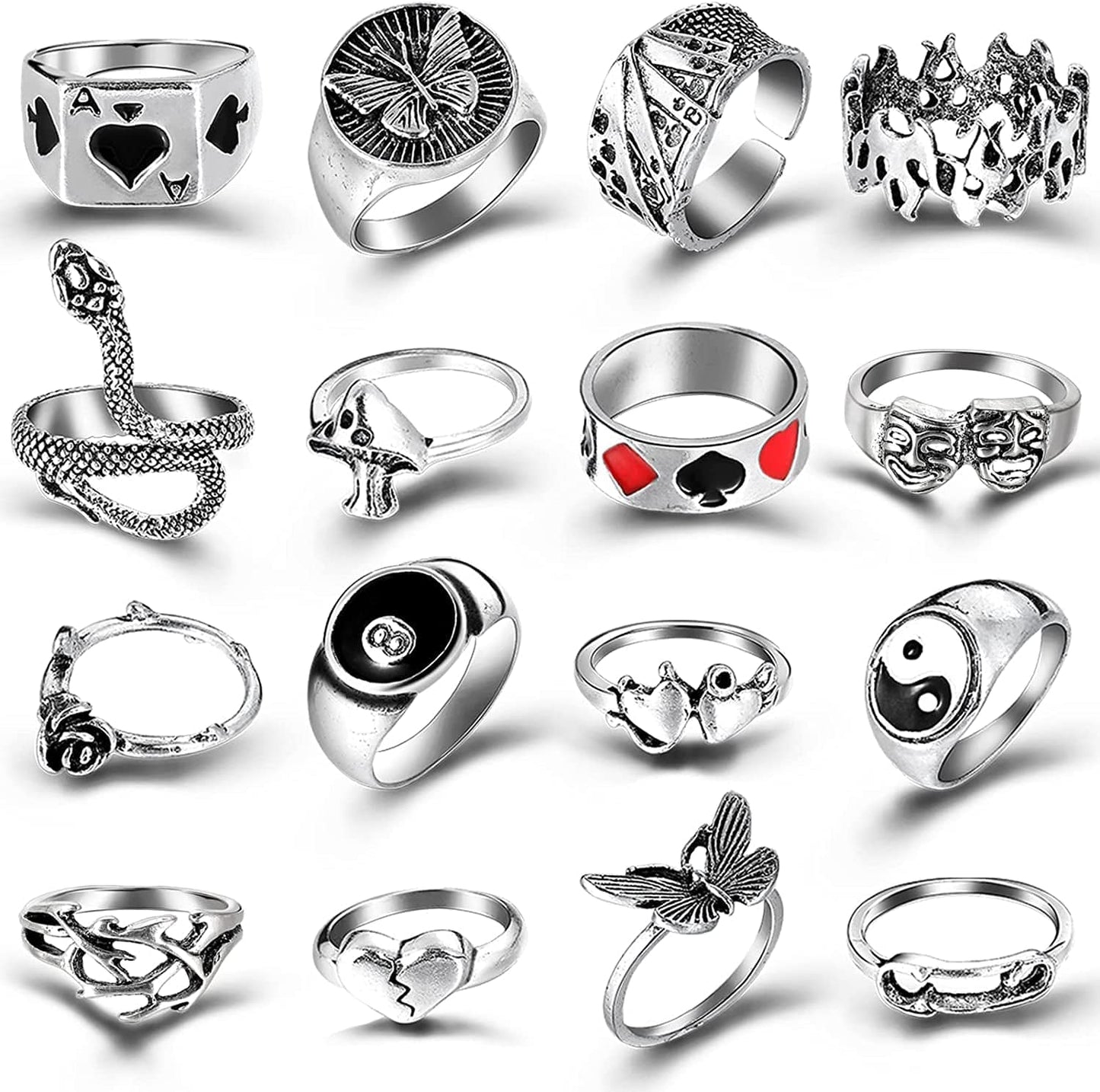 Silver Goth Punk Rings Set for Men Girls Women, 31PCS Cool Gothic Ring Pack, Vintage Stackable Rings Bulk, Boho Chunky Knuckle Emo Rings, Snake Eboy Y2K Accessories B-16pcs goth rings