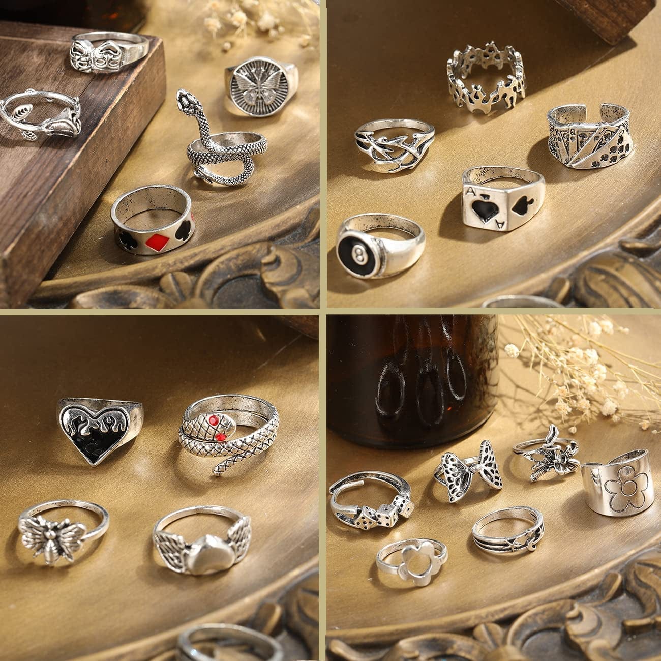 Silver Goth Punk Rings Set for Men Girls Women, 31PCS Cool Gothic Ring Pack, Vintage Stackable Rings Bulk, Boho Chunky Knuckle Emo Rings, Snake Eboy Y2K Accessories