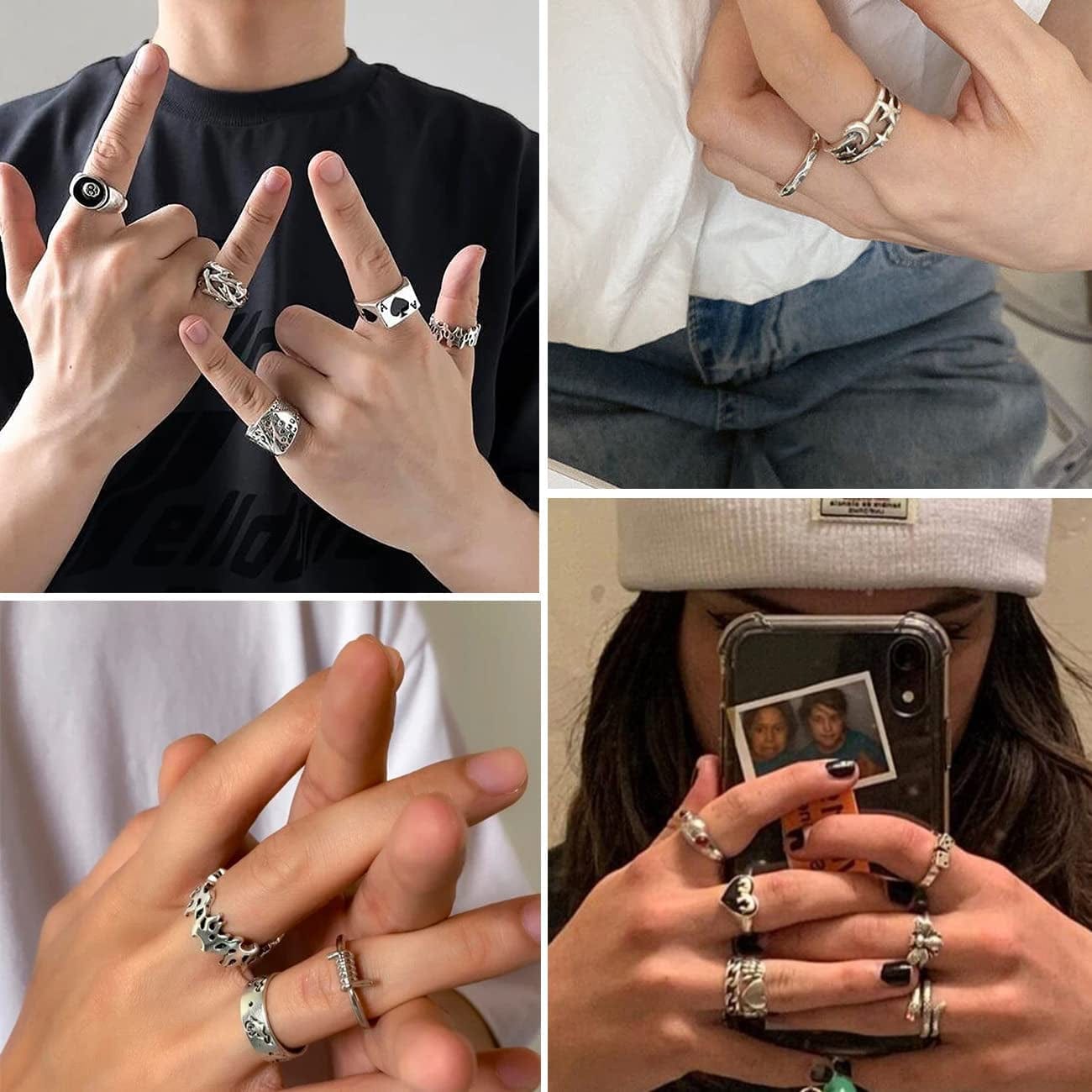 Silver Goth Punk Rings Set for Men Girls Women, 31PCS Cool Gothic Ring Pack, Vintage Stackable Rings Bulk, Boho Chunky Knuckle Emo Rings, Snake Eboy Y2K Accessories