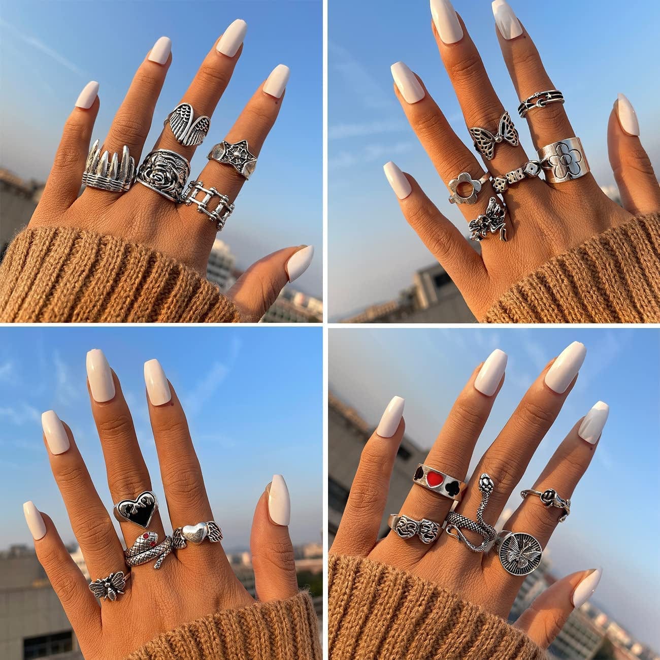 Silver Goth Punk Rings Set for Men Girls Women, 31PCS Cool Gothic Ring Pack, Vintage Stackable Rings Bulk, Boho Chunky Knuckle Emo Rings, Snake Eboy Y2K Accessories