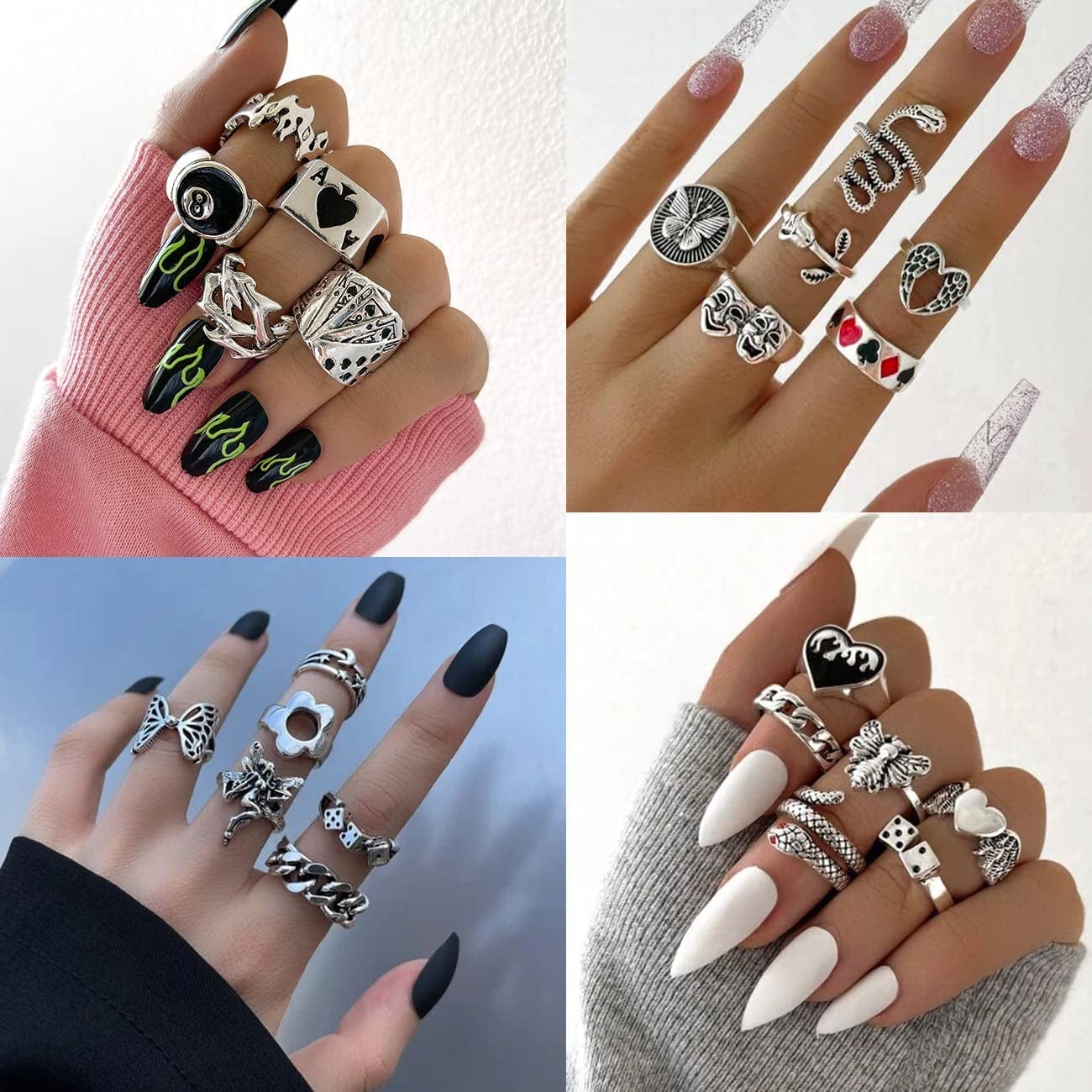 Silver Goth Punk Rings Set for Men Girls Women, 31PCS Cool Gothic Ring Pack, Vintage Stackable Rings Bulk, Boho Chunky Knuckle Emo Rings, Snake Eboy Y2K Accessories