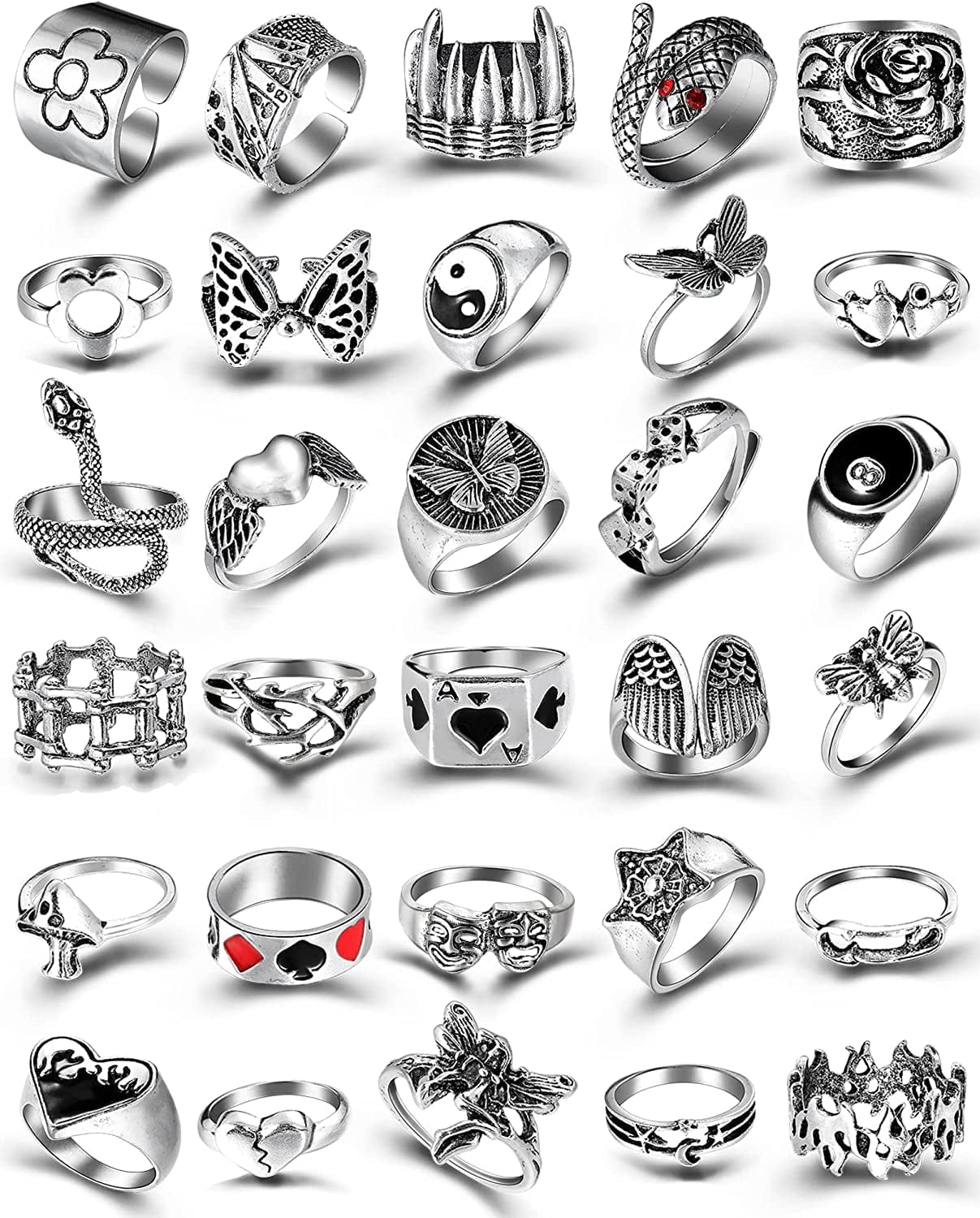 Silver Goth Punk Rings Set for Men Girls Women, 31PCS Cool Gothic Ring Pack, Vintage Stackable Rings Bulk, Boho Chunky Knuckle Emo Rings, Snake Eboy Y2K Accessories A-31pcs punk rings