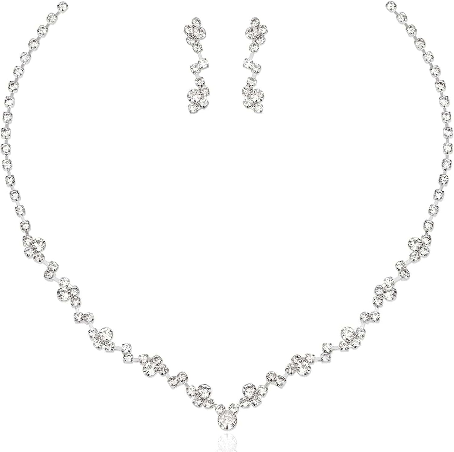 Silver Necklace Earrings Bracelet Crystal Bridal Wedding Jewelry Sets for Brides Bridesmaid Prom Costume Accessories for Women Style 4-Necklace Earrings