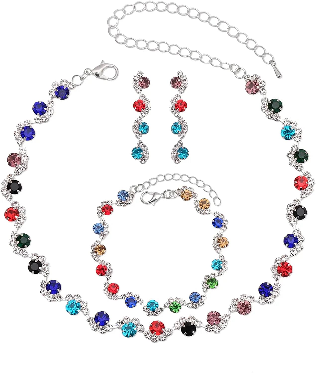 Silver Necklace Earrings Bracelet Crystal Bridal Wedding Jewelry Sets for Brides Bridesmaid Prom Costume Accessories for Women Style 4-Multicolor Necklace Earrings Bracelet