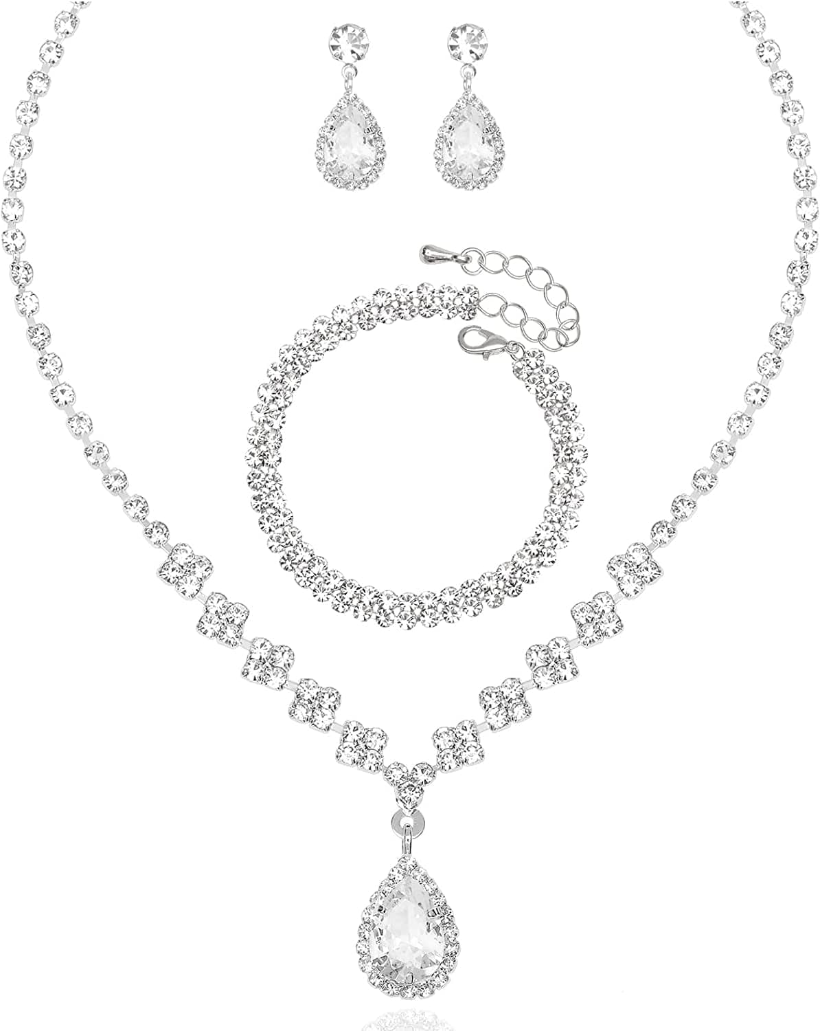Silver Necklace Earrings Bracelet Crystal Bridal Wedding Jewelry Sets for Brides Bridesmaid Prom Costume Accessories for Women Style 2-Necklace Earring Bracelet