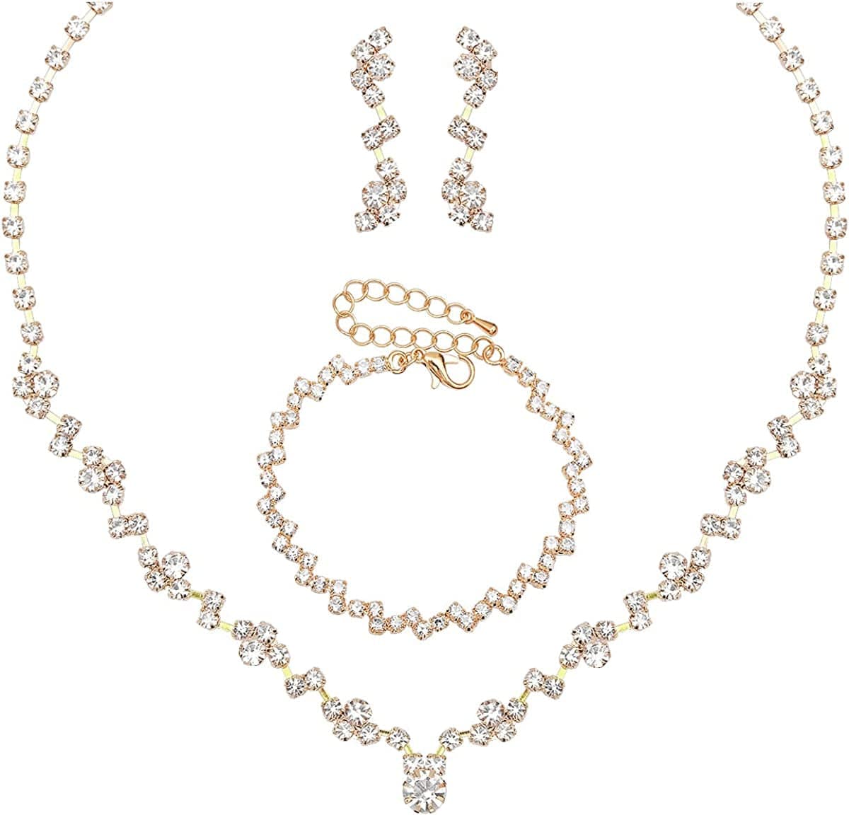 Silver Necklace Earrings Bracelet Crystal Bridal Wedding Jewelry Sets for Brides Bridesmaid Prom Costume Accessories for Women Style 4-Gold Necklace Earrings Bracelet