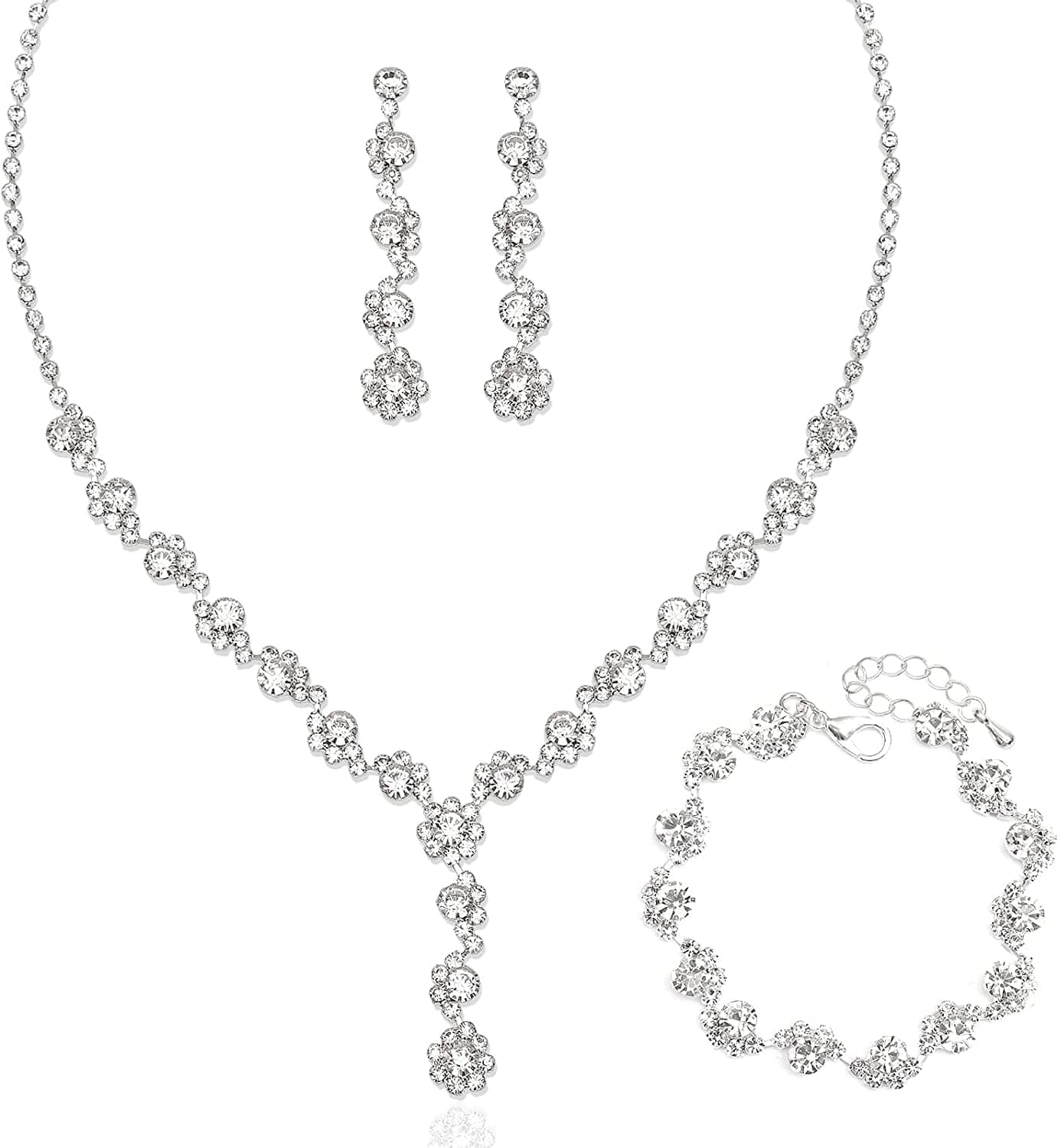 Silver Necklace Earrings Bracelet Crystal Bridal Wedding Jewelry Sets for Brides Bridesmaid Prom Costume Accessories for Women Style 5-Necklace Earring Bracelet