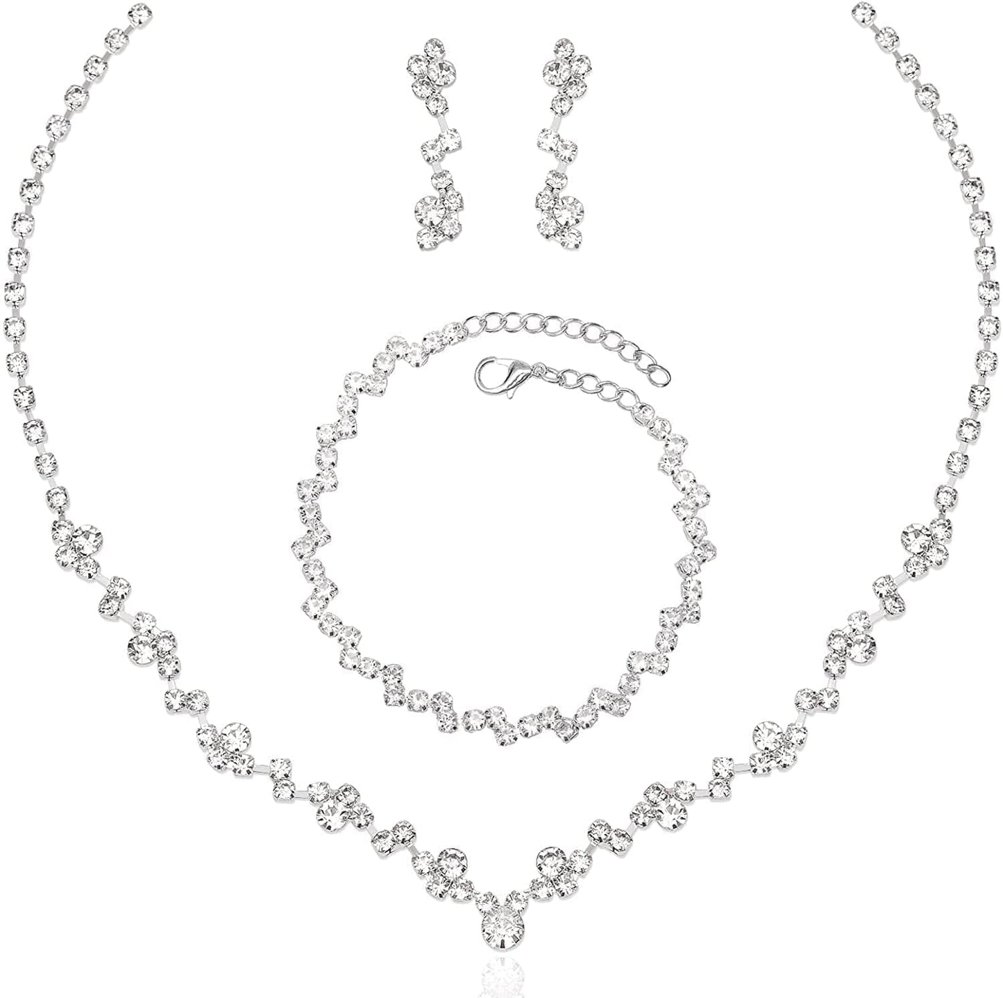 Silver Necklace Earrings Bracelet Crystal Bridal Wedding Jewelry Sets for Brides Bridesmaid Prom Costume Accessories for Women Style 4-Silver Necklace Earring Bracelet