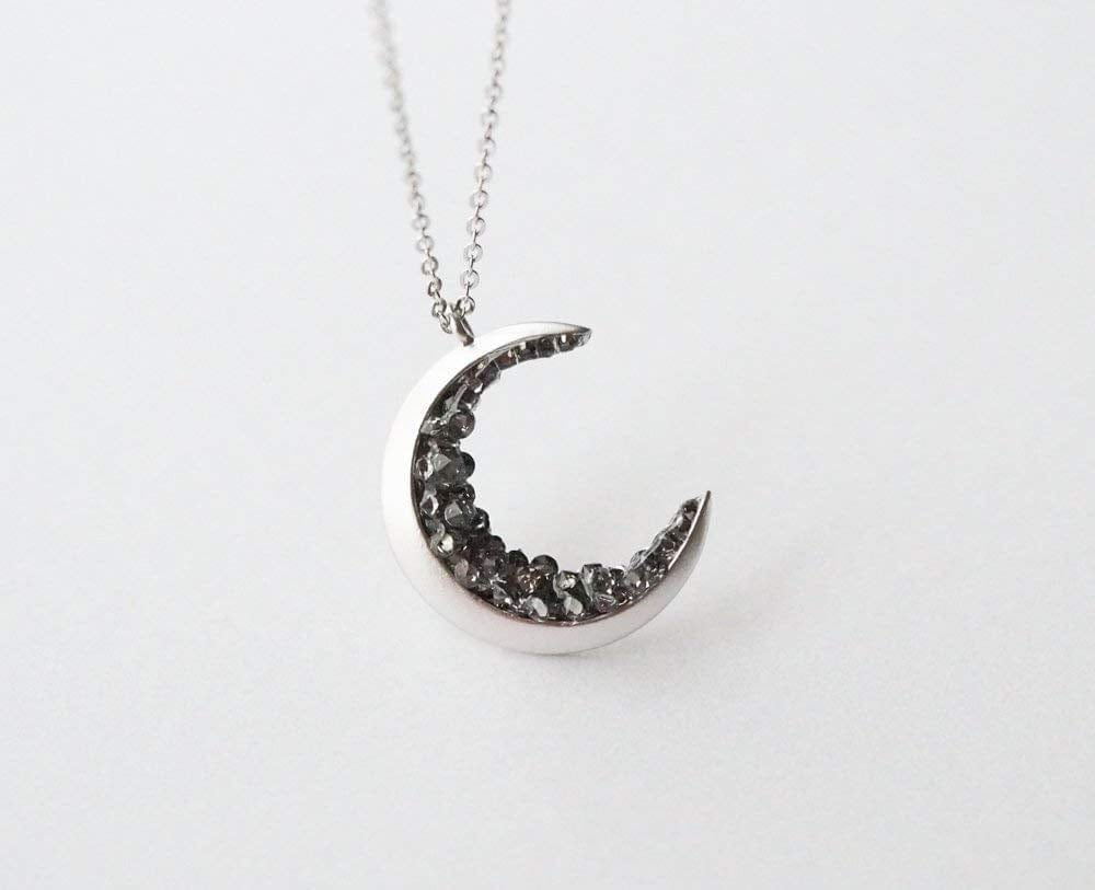 Silver Plated Crescent Moon Encrusted with Black Crystals Jewels Long Necklace