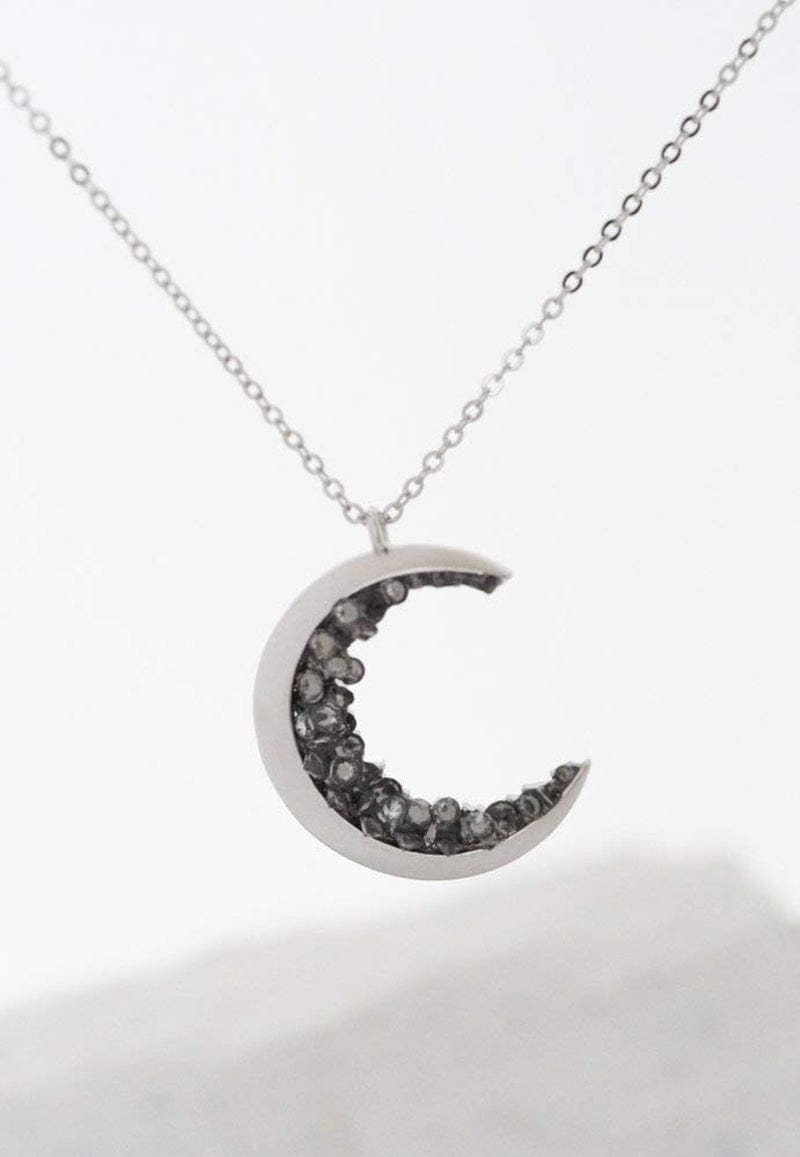 Silver Plated Crescent Moon Encrusted with Black Crystals Jewels Long Necklace