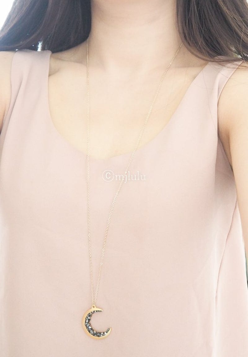 Silver Plated Crescent Moon Encrusted with Black Crystals Jewels Long Necklace