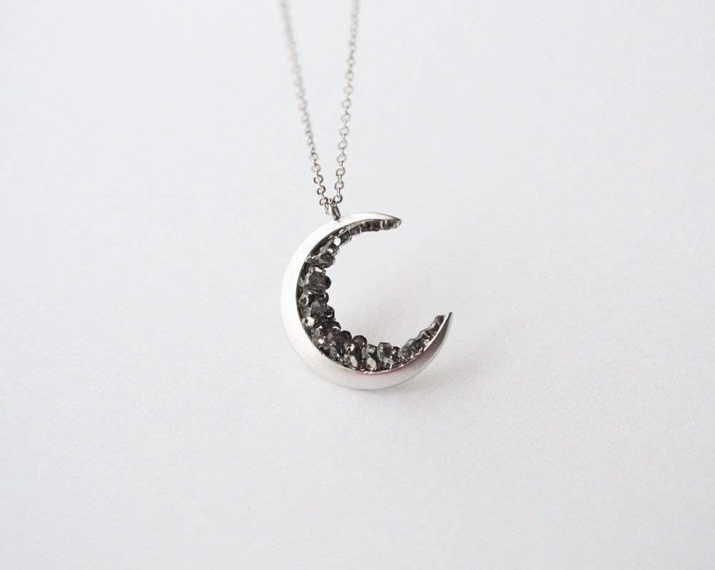 Silver Plated Crescent Moon Encrusted with Black Crystals Jewels Long Necklace