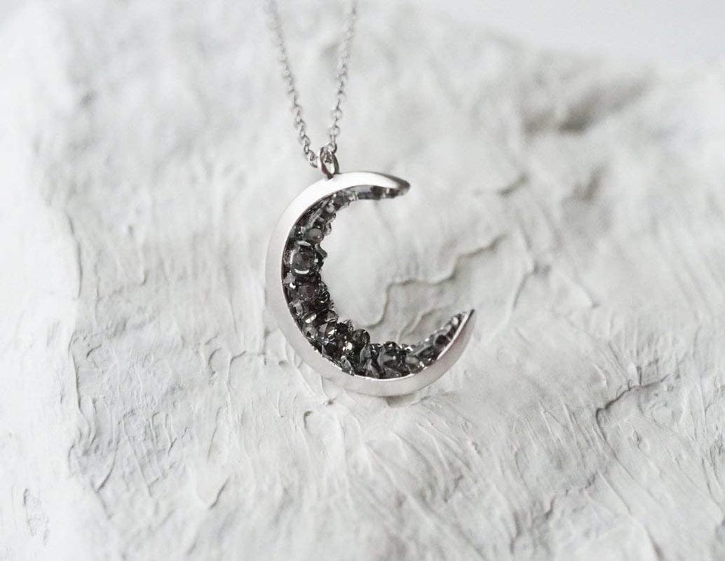 Silver Plated Crescent Moon Encrusted with Black Crystals Jewels Long Necklace